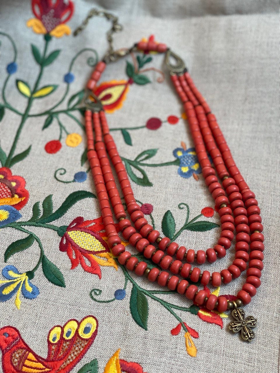 Red Ukrainian Traditional Necklace | Ethnic Ceramic Jewelry with Antique Beads