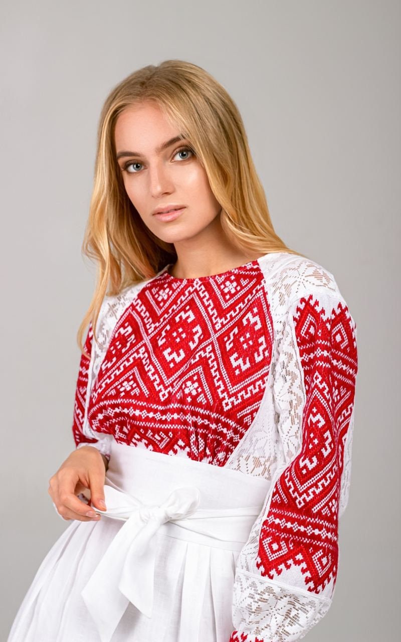 White Maxi Ukrainian Vyshyvanka Embroidered Linen Dress for Women