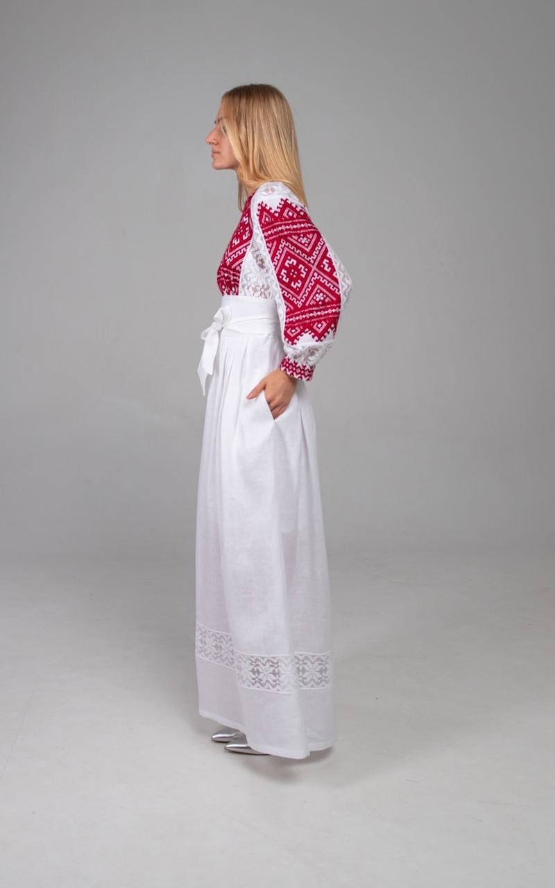 White Maxi Ukrainian Vyshyvanka Embroidered Linen Dress for Women