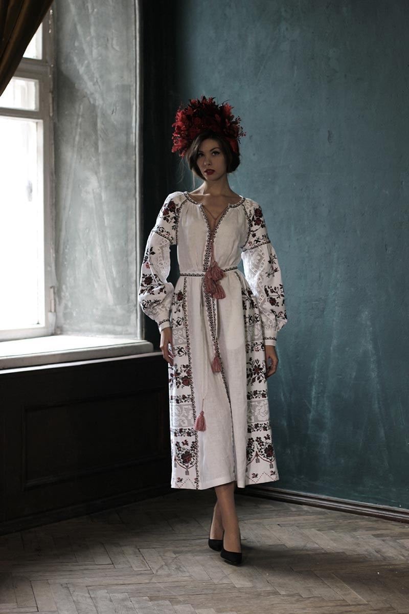 Exclusive White Embroidered Ukrainian Vyshyvanka Linen Dress for Women