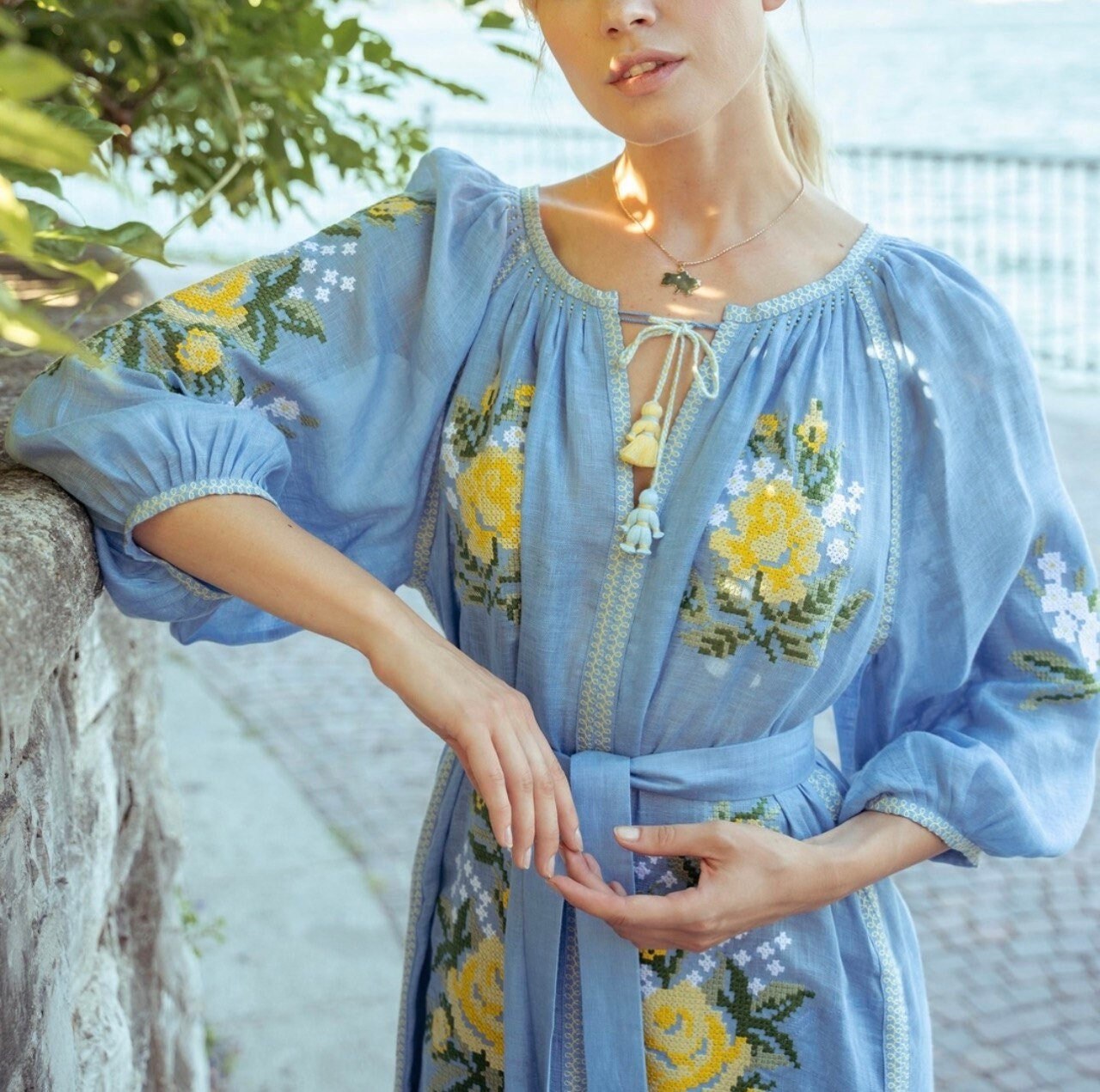 BLUE Ukrainian Embroidered Linen Boho Dress for Women