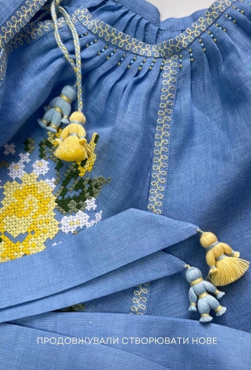 BLUE Ukrainian Embroidered Linen Boho Dress for Women