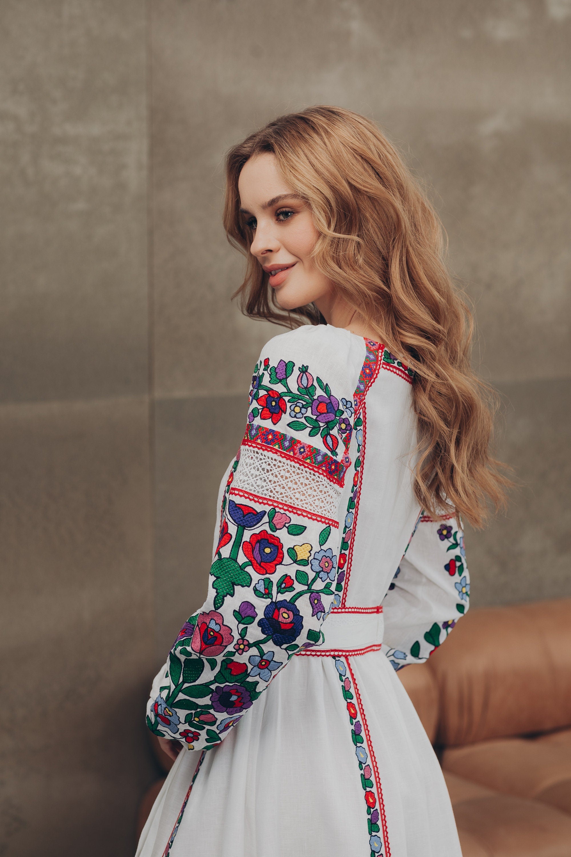 White Wedding Embroidered Linen Vyshyvanka Dress - Boho Ukrainian Folk Style