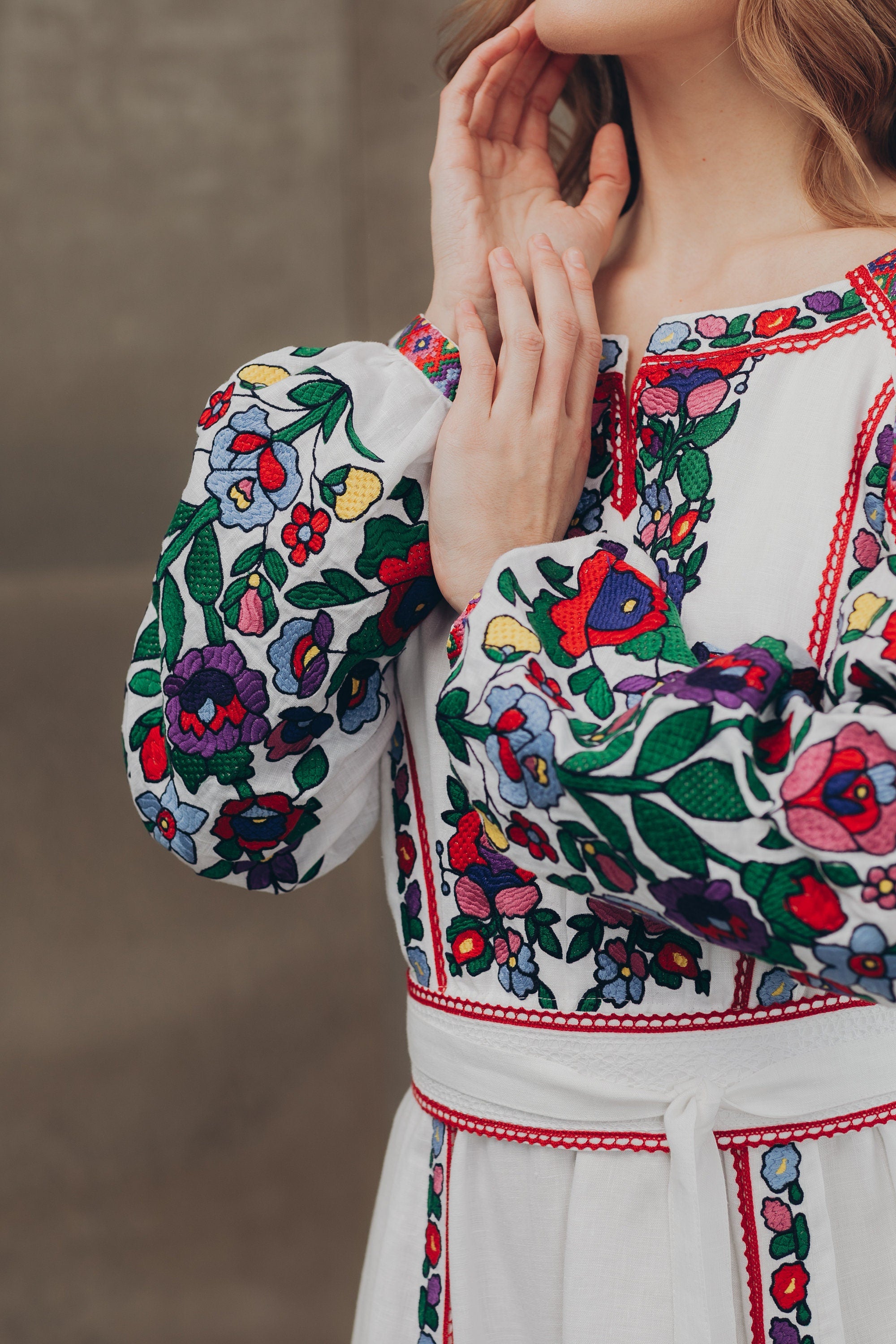 White Wedding Embroidered Linen Vyshyvanka Dress - Boho Ukrainian Folk Style