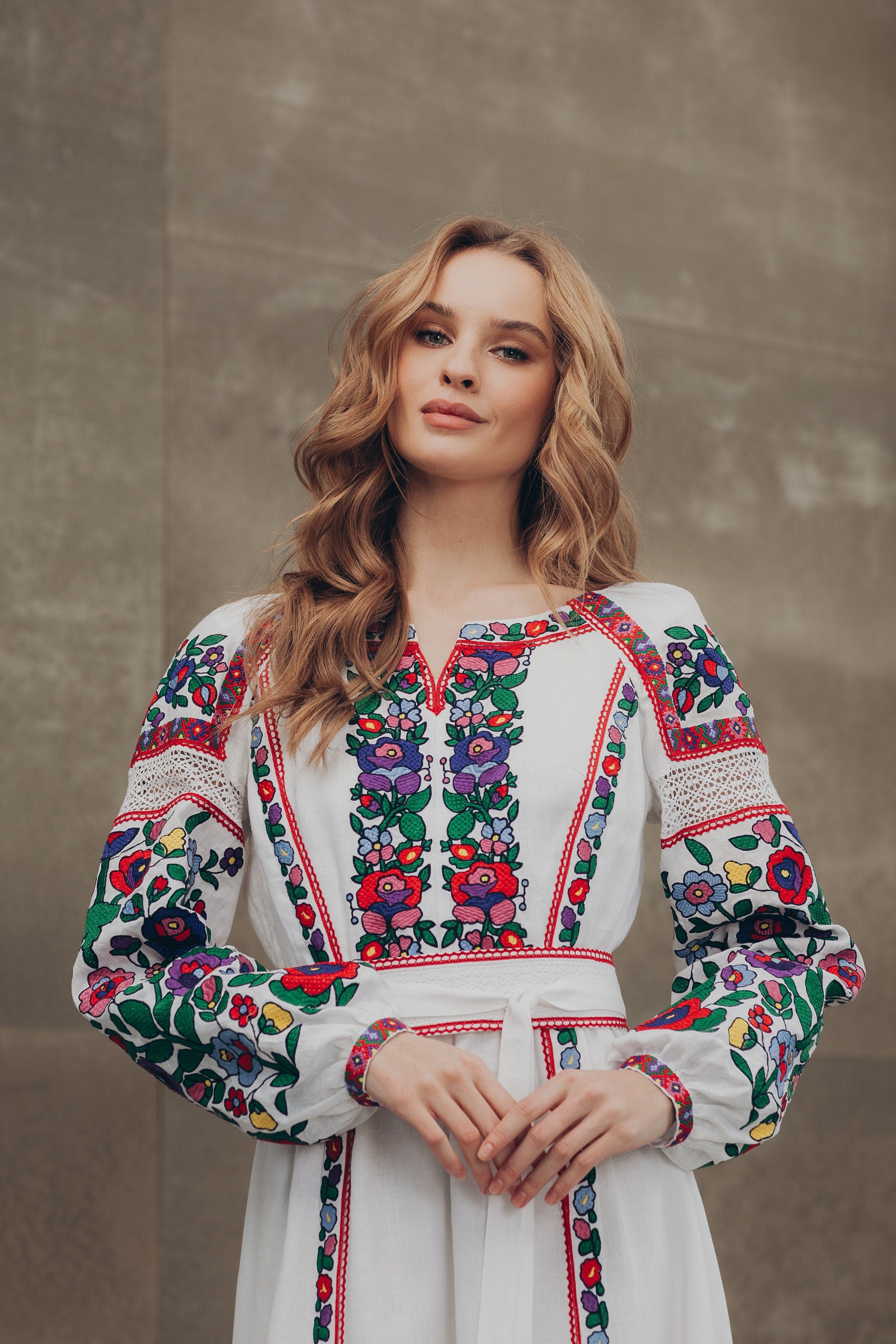 White Wedding Embroidered Linen Vyshyvanka Dress - Boho Ukrainian Folk Style