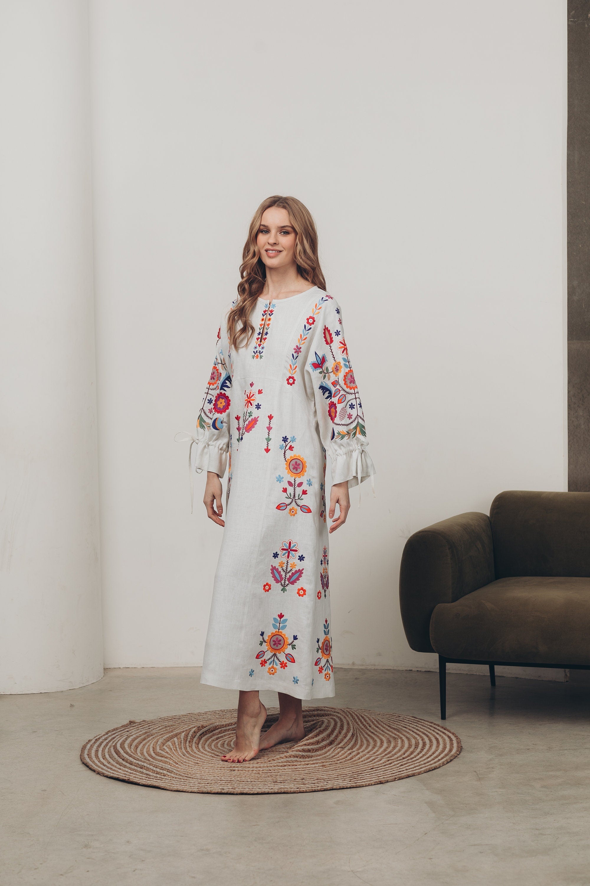 White Linen Embroidered Vyshyvanka Dress | Boho Ukrainian Folk Style