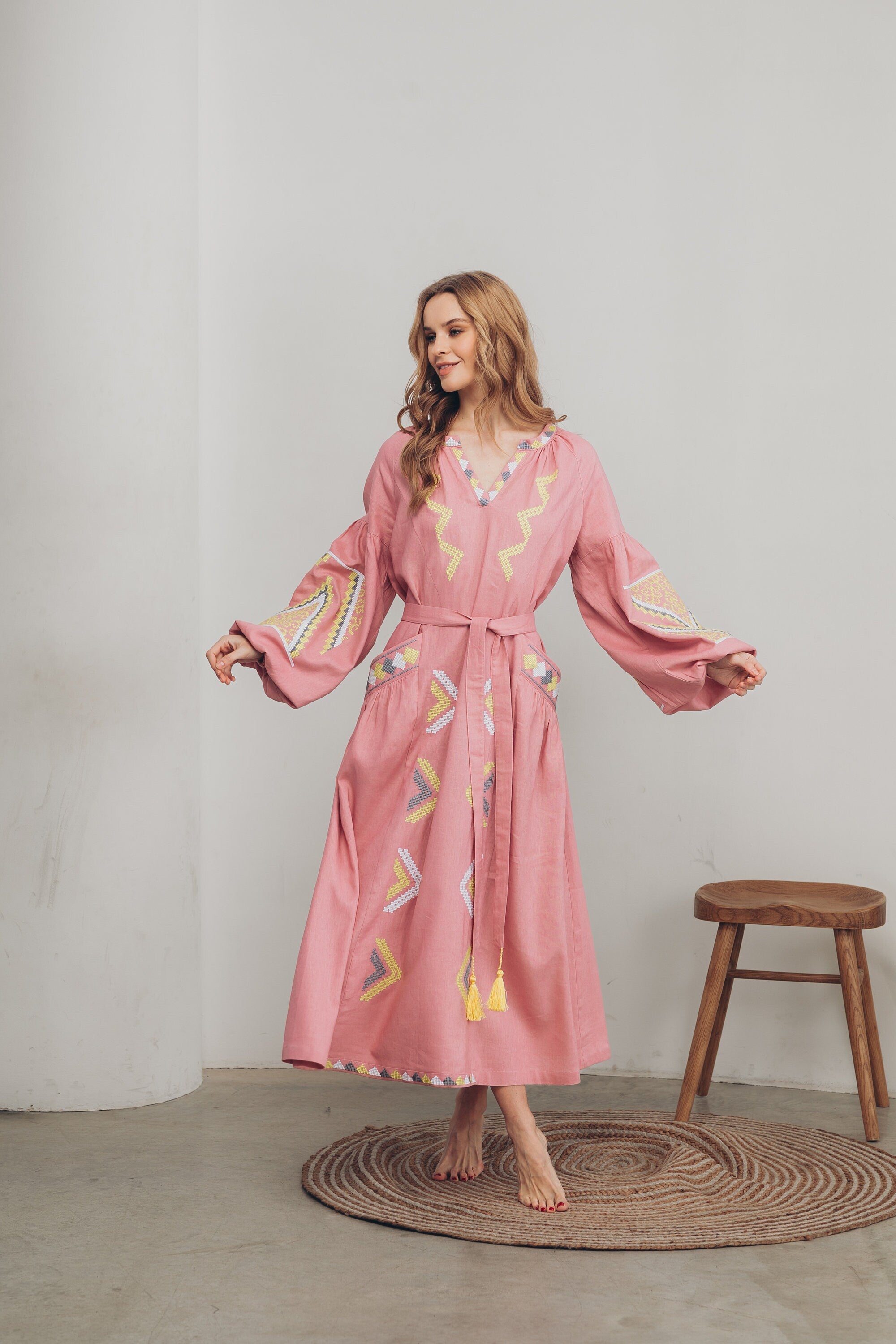 Pink Embroidered Linen Boho Dress - Ukrainian Folk Vyshyvanka for Women