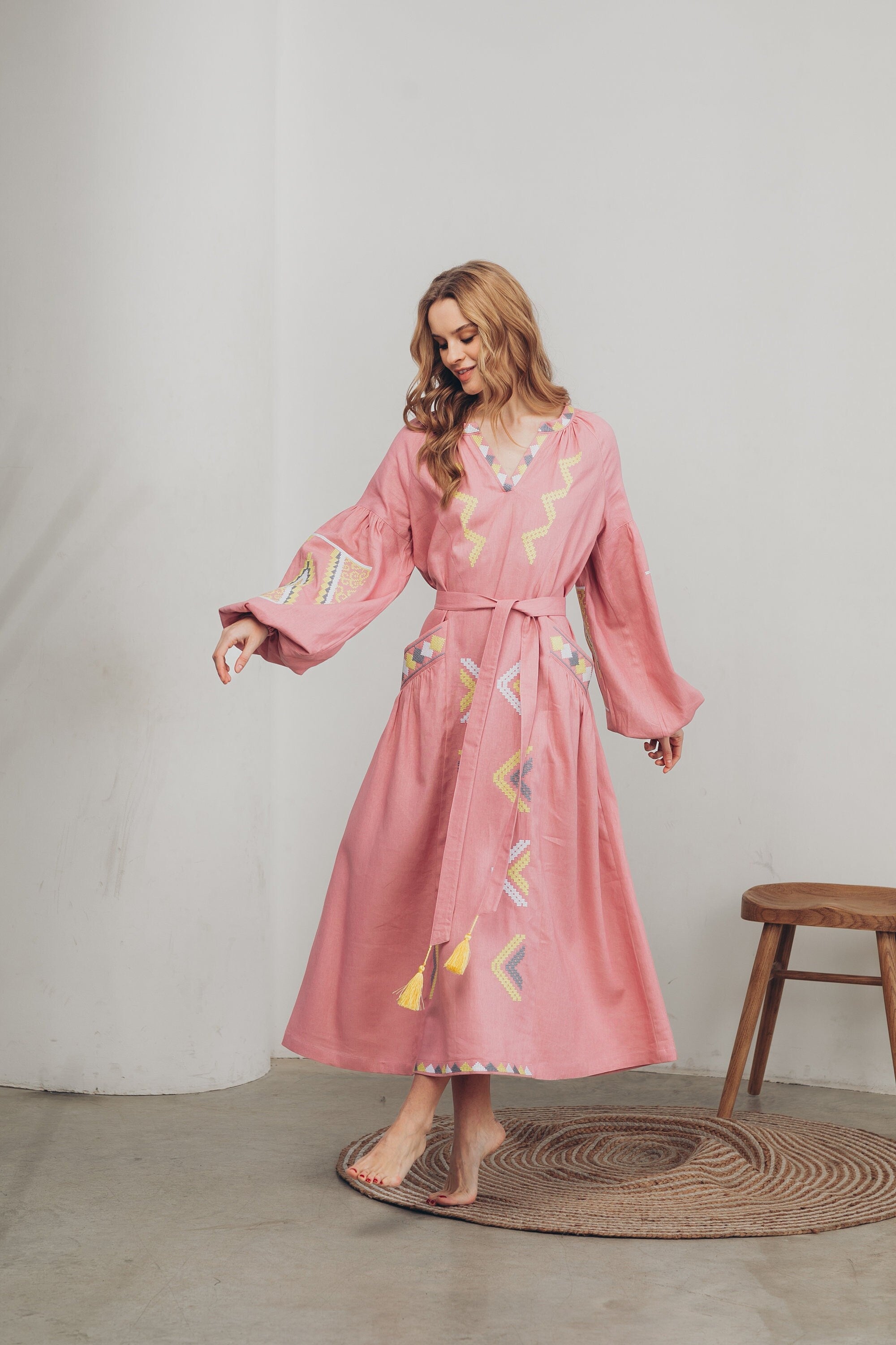 Pink Embroidered Linen Boho Dress - Ukrainian Folk Vyshyvanka for Women