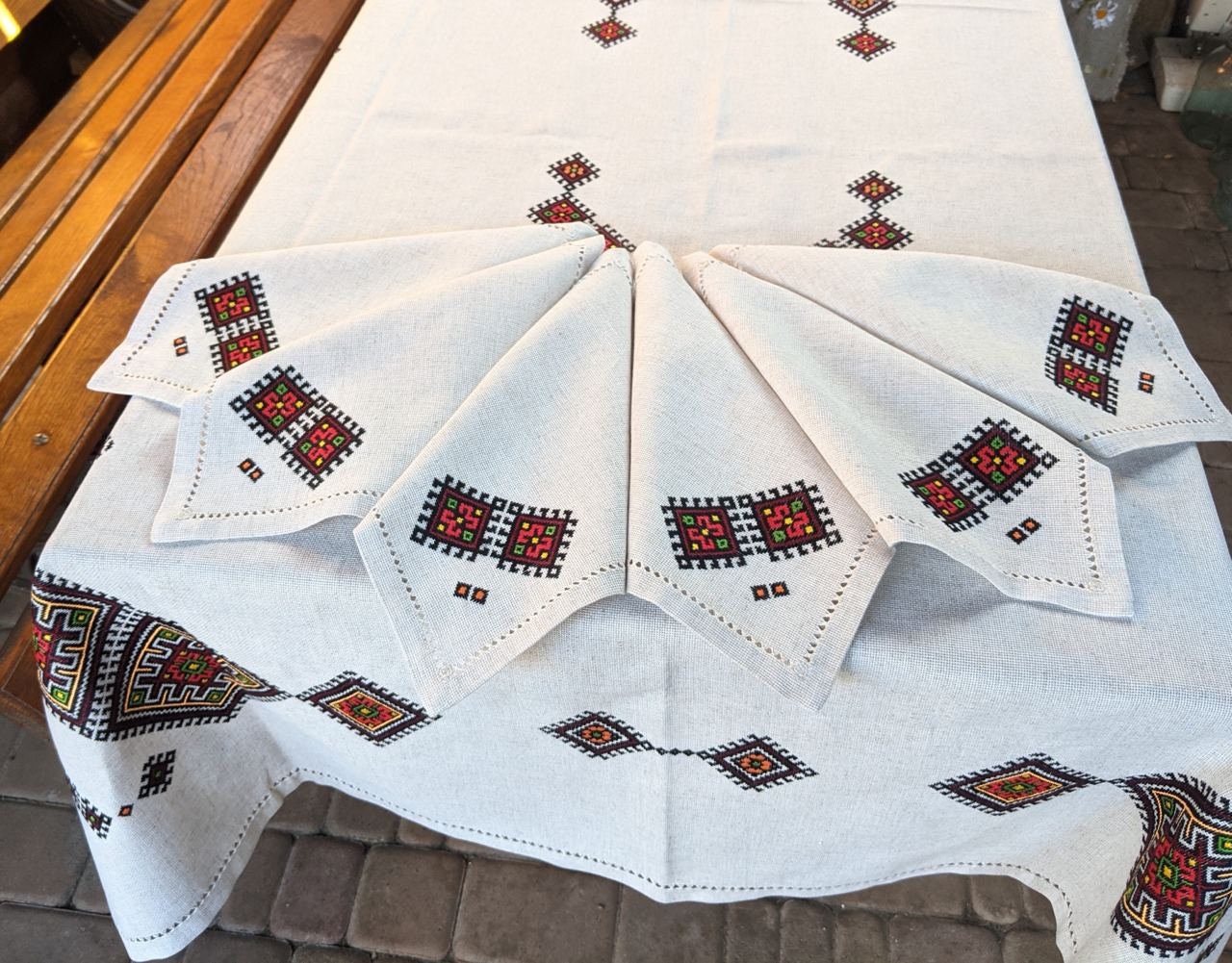 Ukrainian Embroidered Tablecloth Set 240x140 cm + 6 Napkins 30x30 cm | Ethno Christmas Decor