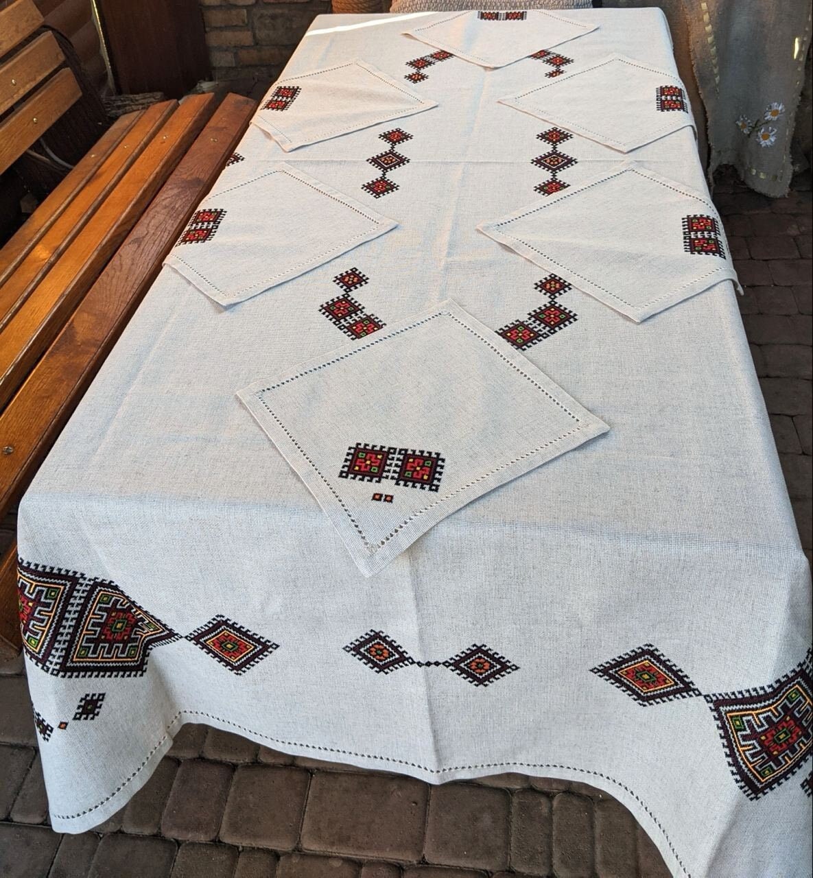 Ukrainian Embroidered Tablecloth Set 240x140 cm + 6 Napkins 30x30 cm | Ethno Christmas Decor