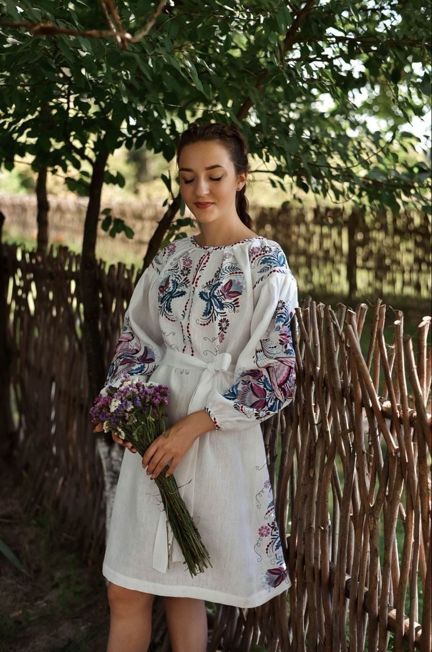 Ukrainian Vyshyvanka Linen Dress - White Embroidered Boho Style
