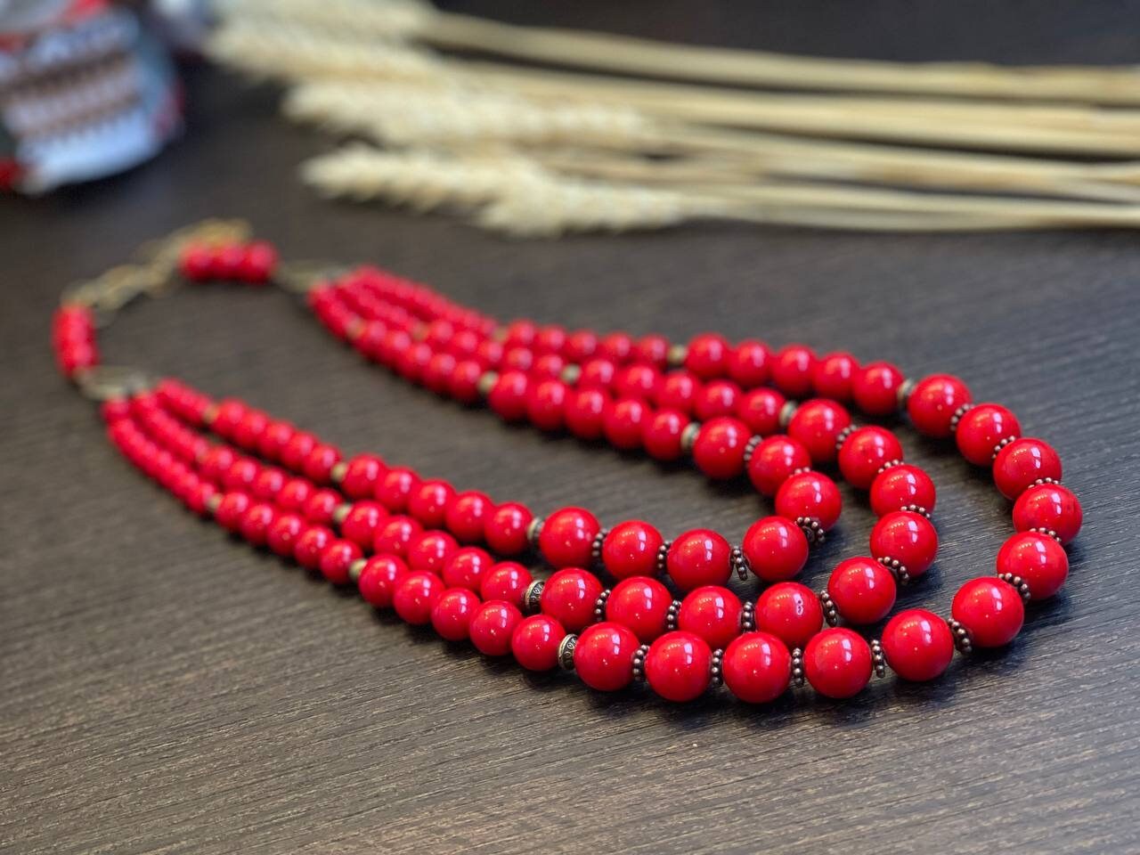 Natural Pressed Coral Red Necklace - Ukrainian Ethnic Accessory