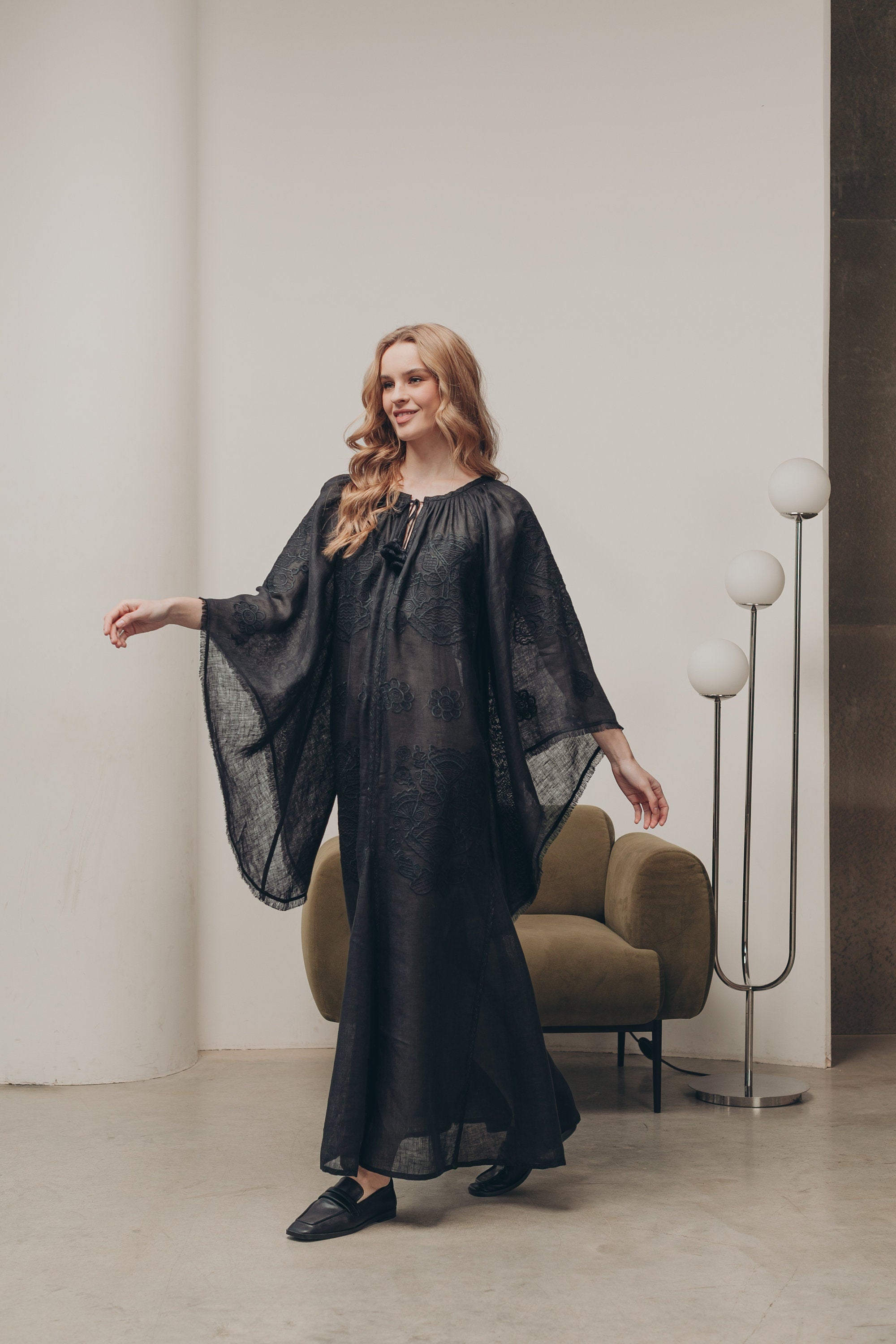 Black Linen Wedding Dress - Ukrainian Vyshyvanka Boho Style