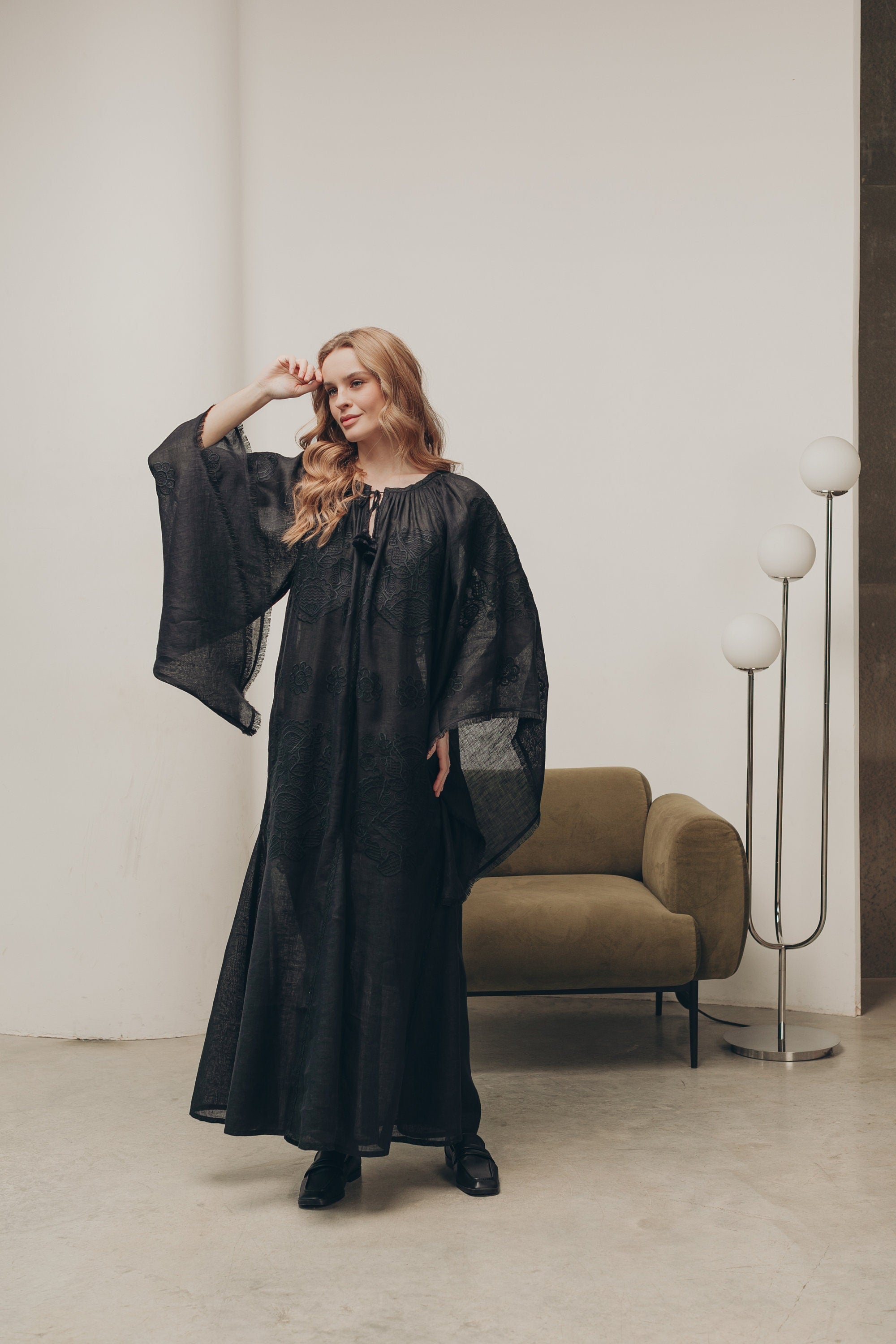 Black Linen Wedding Dress - Ukrainian Vyshyvanka Boho Style