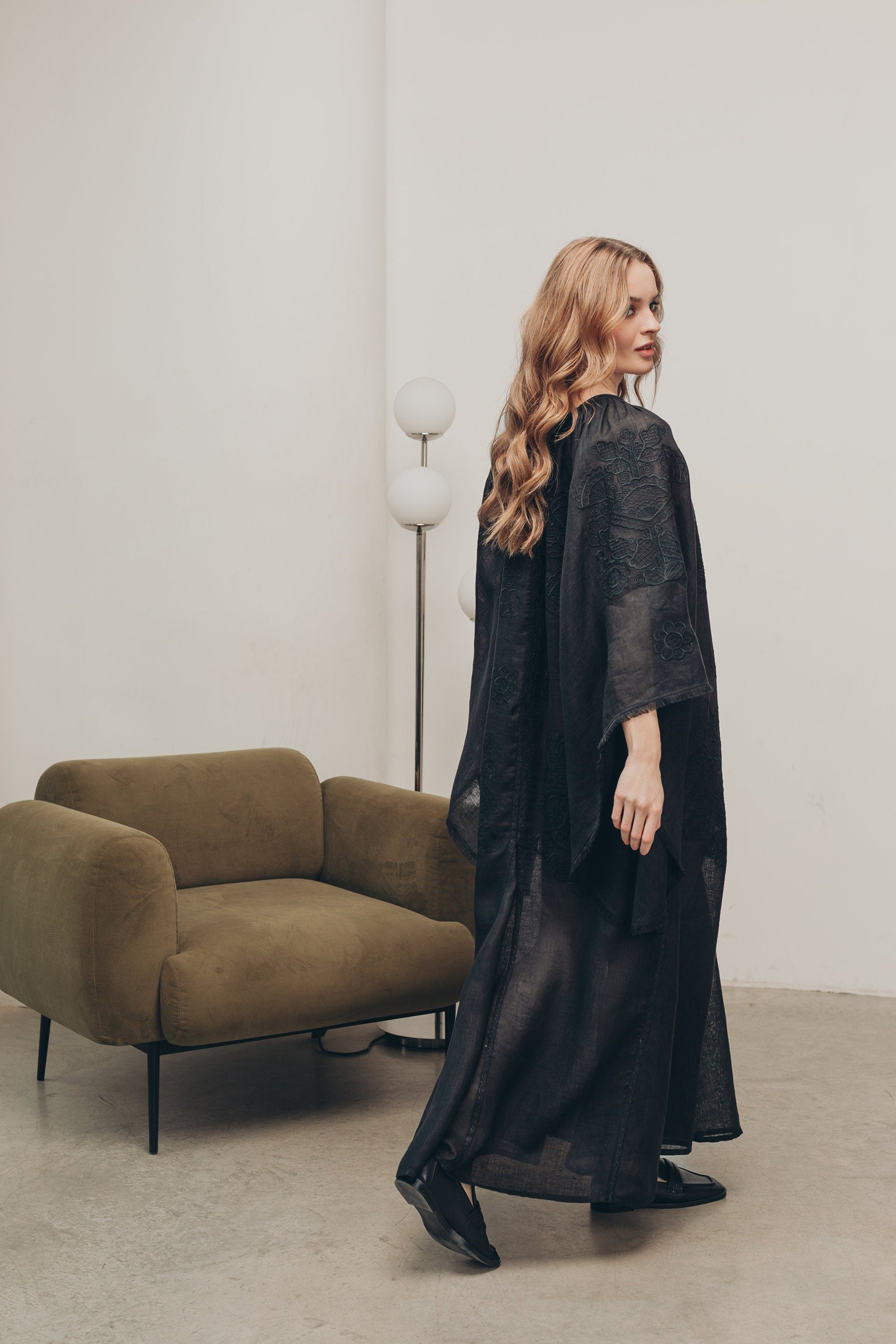 Black Linen Wedding Dress - Ukrainian Vyshyvanka Boho Style