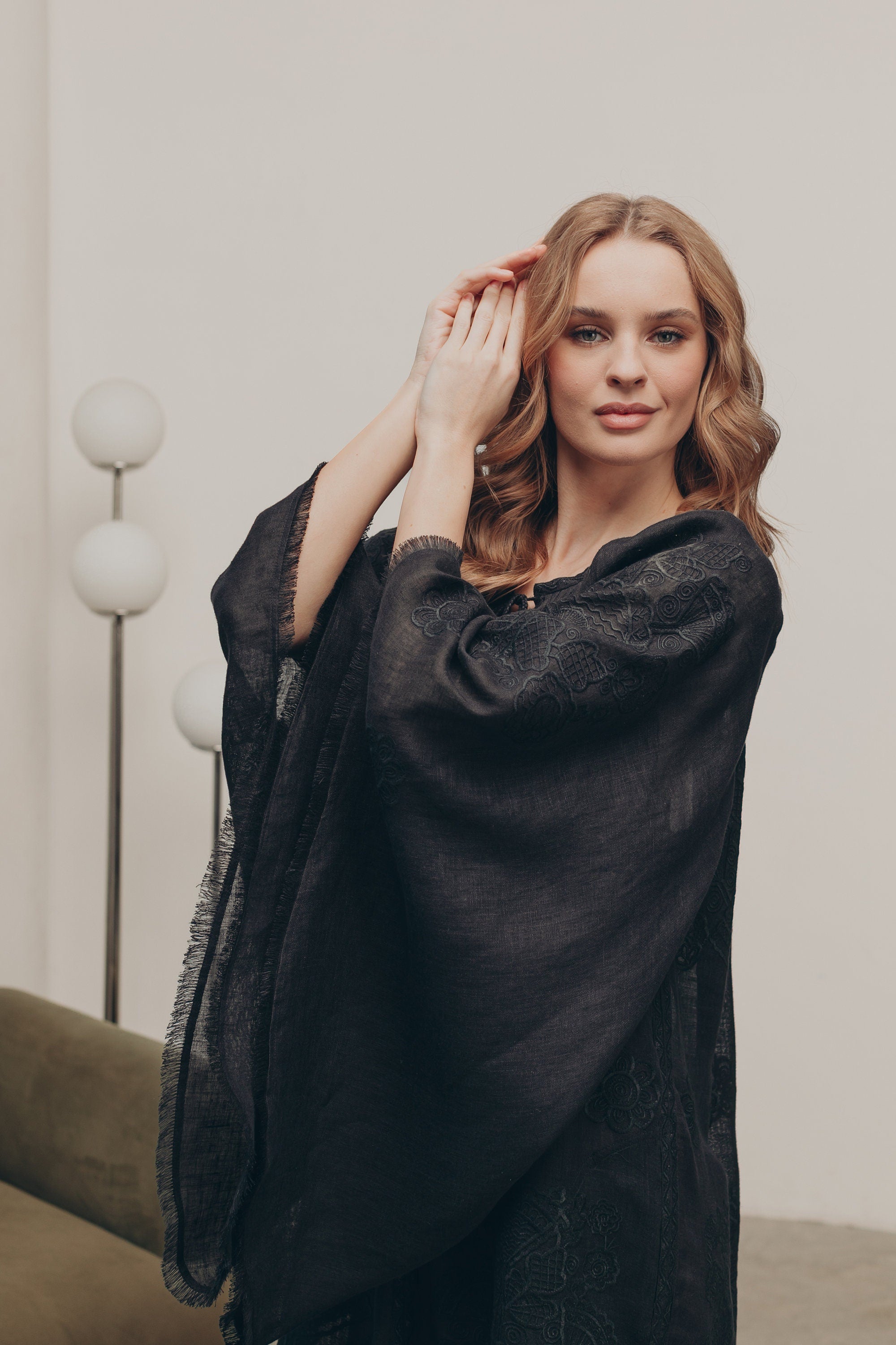 Black Linen Wedding Dress - Ukrainian Vyshyvanka Boho Style