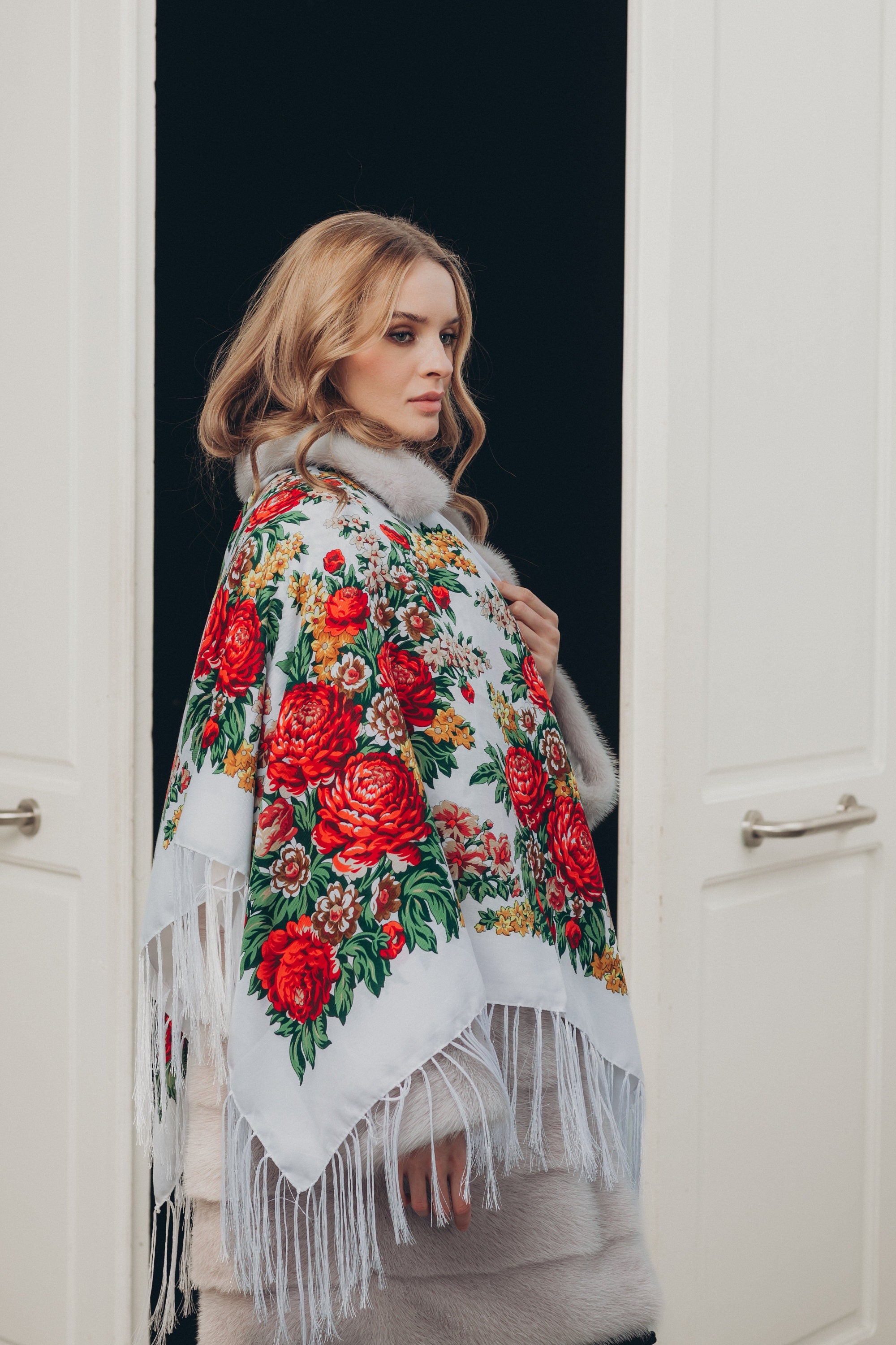 White Ukrainian Shawl - 80% Wool Traditional Scarf for Women