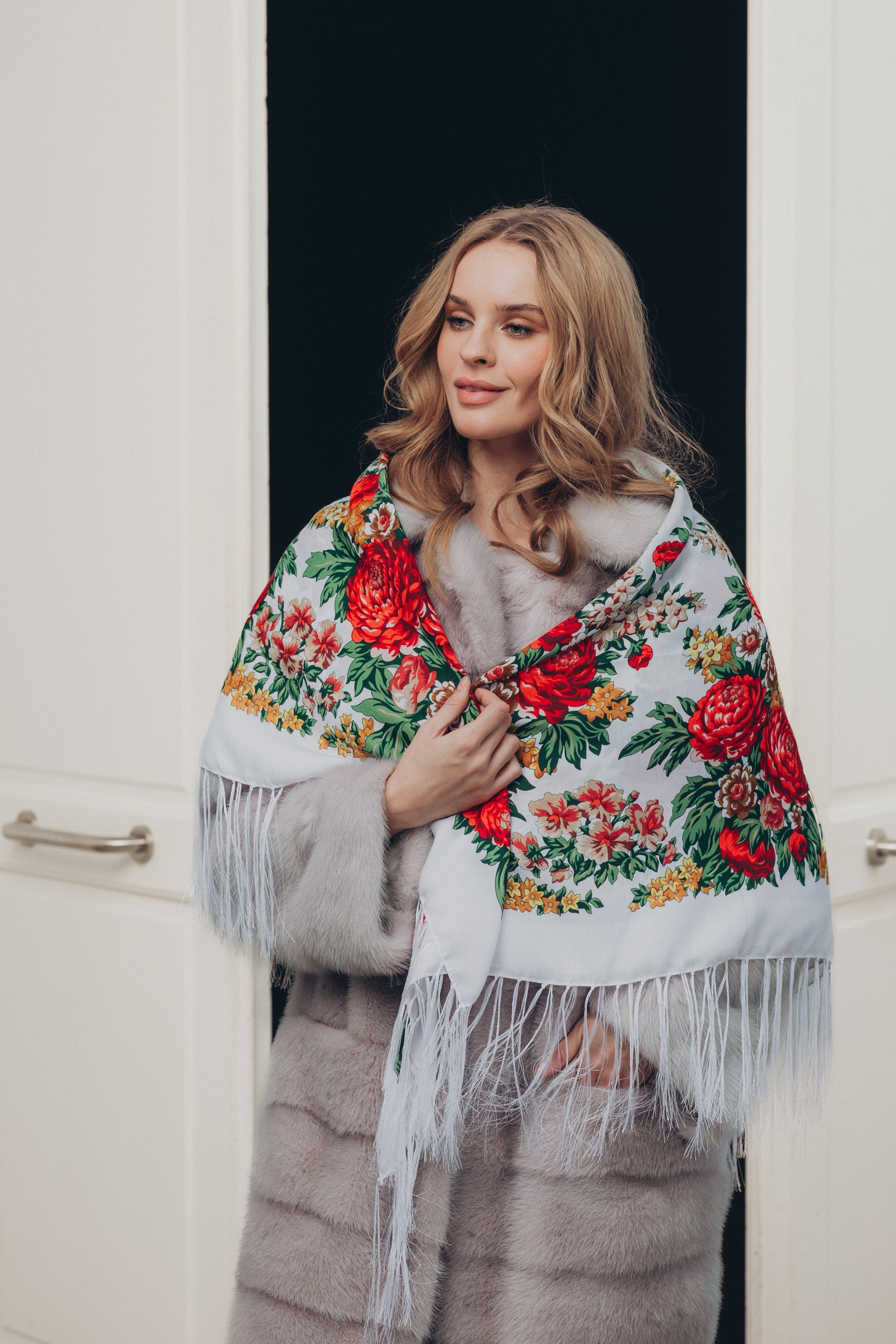 White Ukrainian Shawl - 80% Wool Traditional Scarf for Women