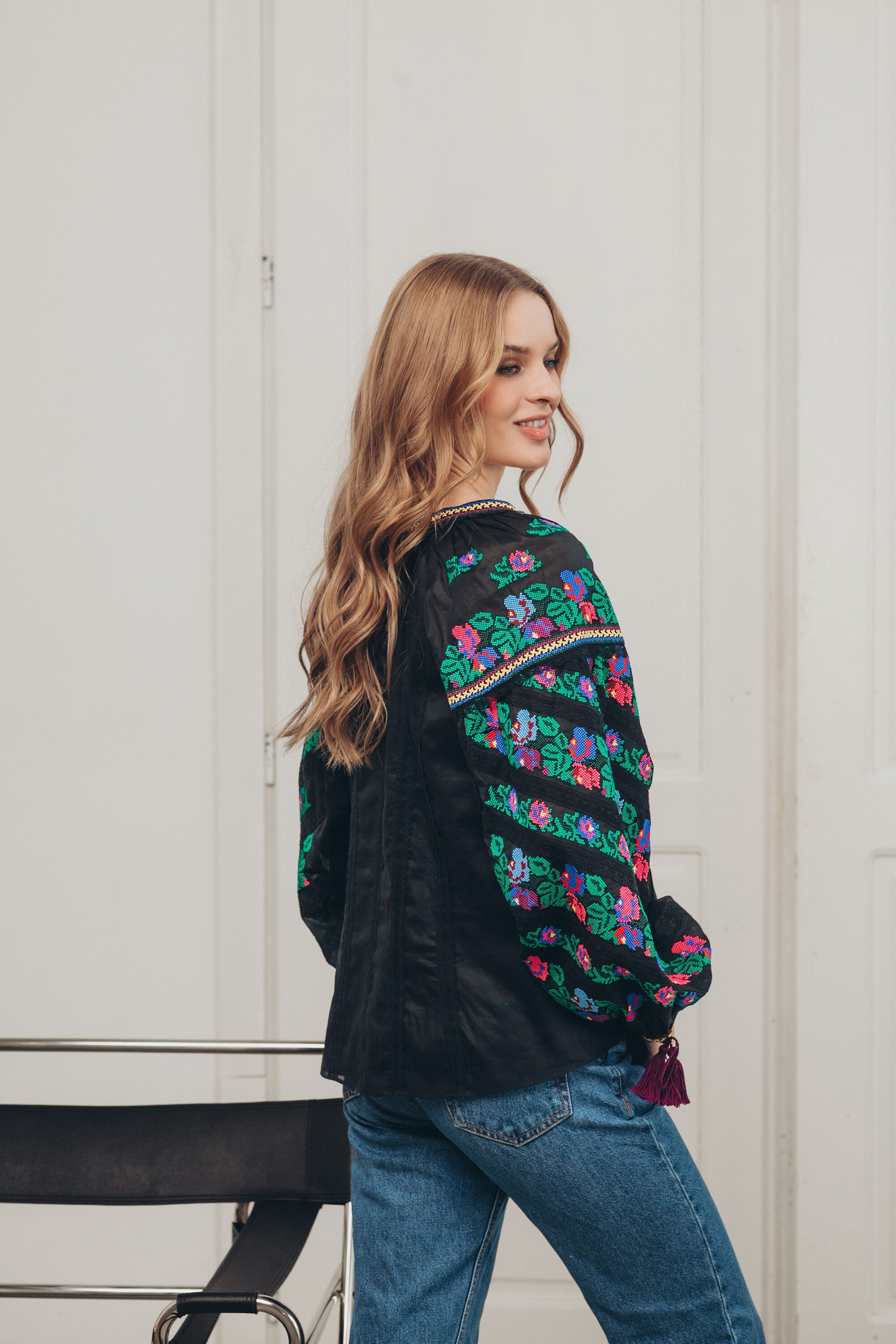 Black Ukrainian Embroidered Linen Vyshyvanka Blouse - Borshchivska Boho Chic Ethnic Shirt