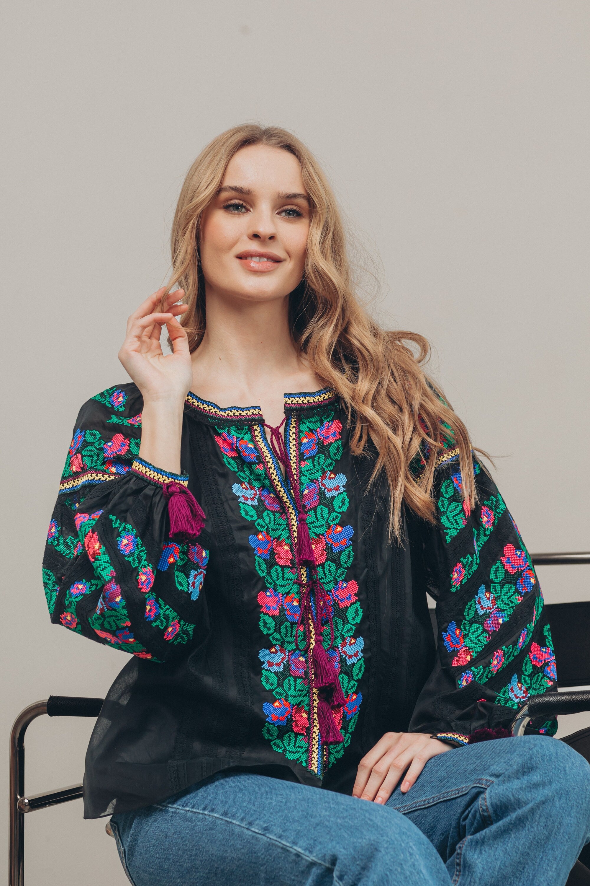 Black Ukrainian Embroidered Linen Vyshyvanka Blouse - Borshchivska Boho Chic Ethnic Shirt