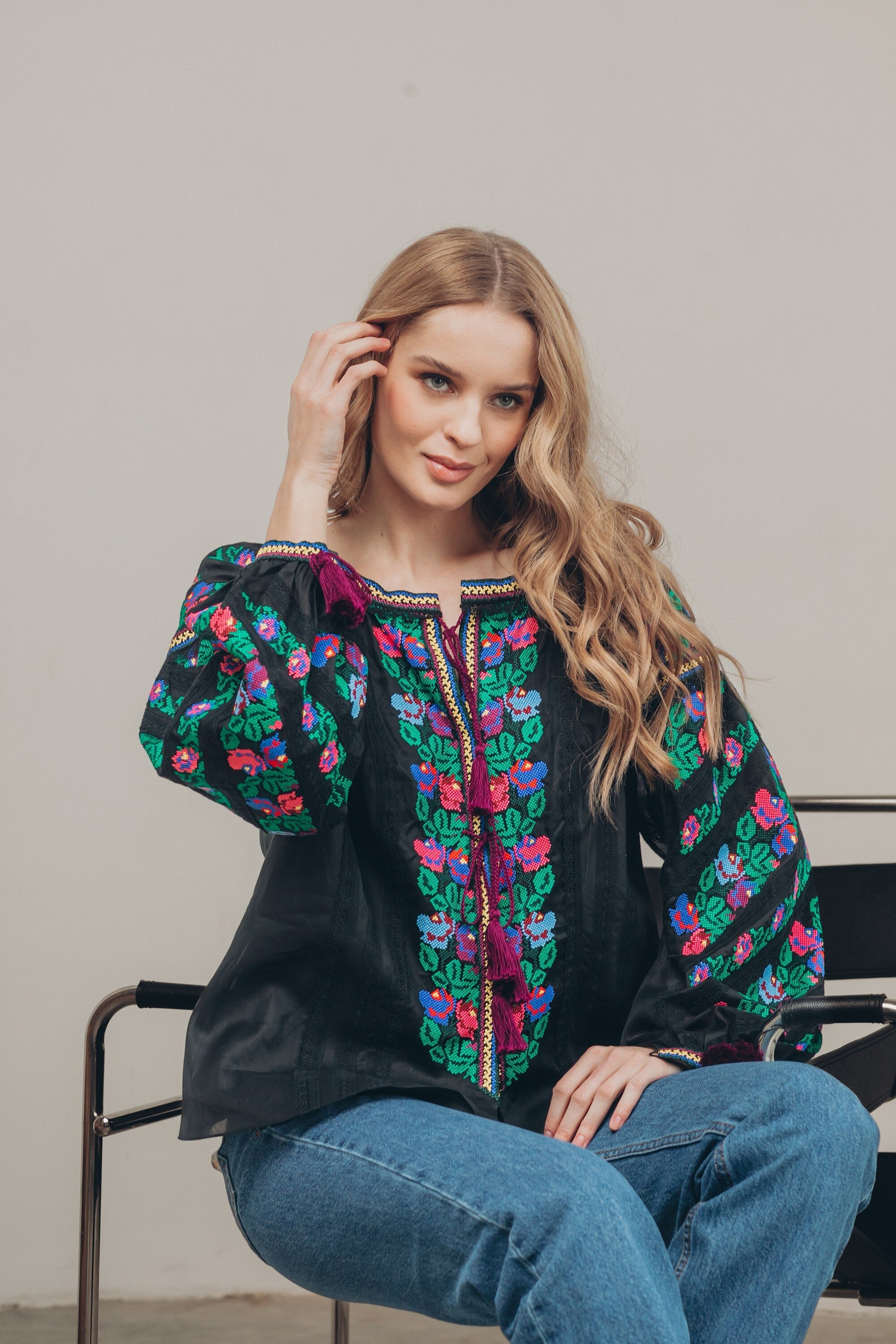 Black Ukrainian Embroidered Linen Vyshyvanka Blouse - Borshchivska Boho Chic Ethnic Shirt