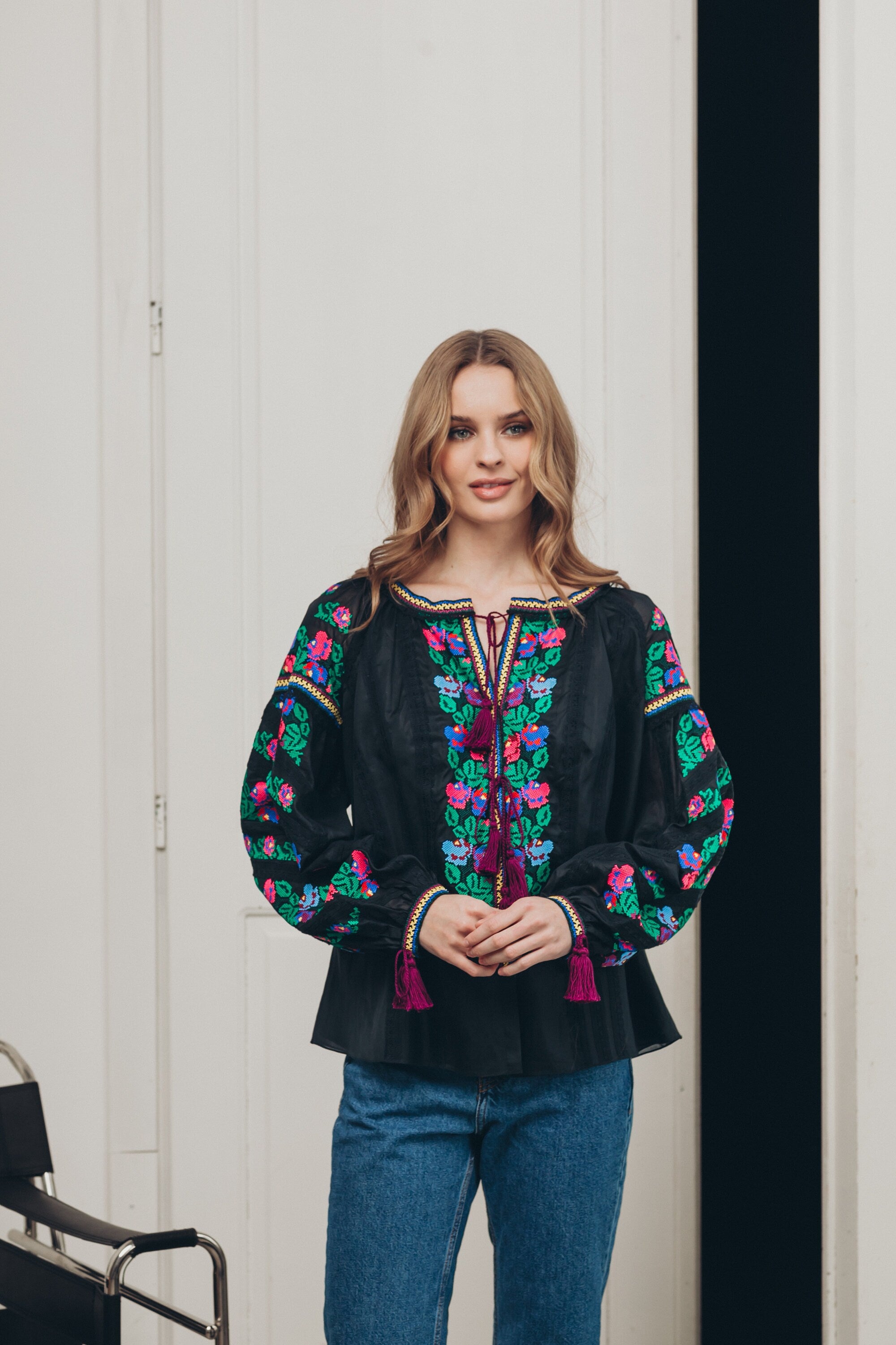 Black Ukrainian Embroidered Linen Vyshyvanka Blouse - Borshchivska Boho Chic Ethnic Shirt