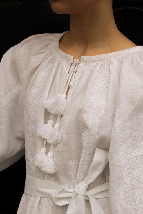 White Linen Embroidered Vyshyvanka Dress | Boho Kaftan Style