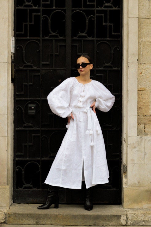White Linen Embroidered Vyshyvanka Dress | Boho Kaftan Style