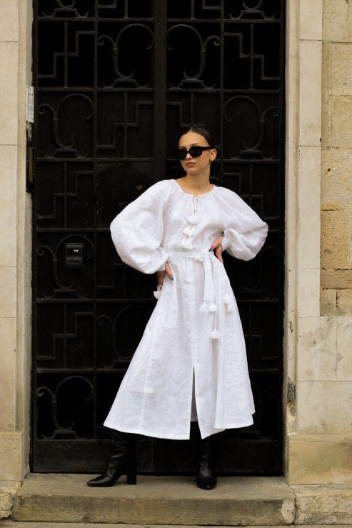 White Linen Embroidered Vyshyvanka Dress | Boho Kaftan Style