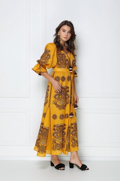 Embroidered Linen Vyshyvanka Kaftan Dress - Boho Style Abaya