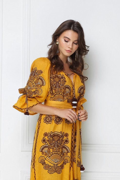 Embroidered Linen Vyshyvanka Kaftan Dress - Boho Style Abaya