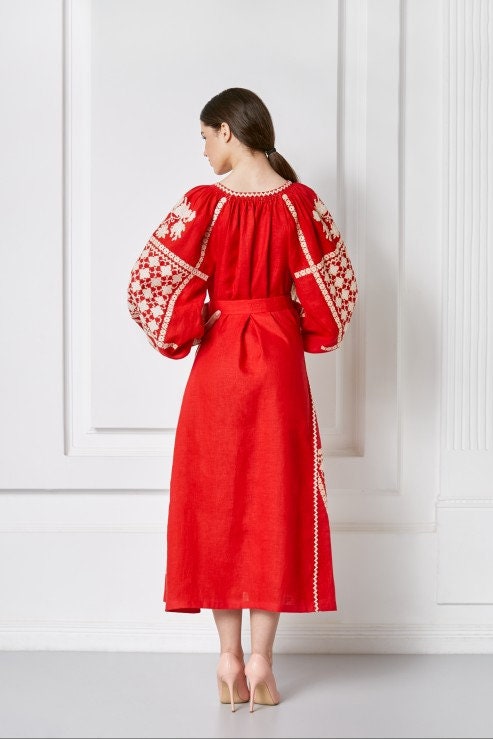 Red Linen Embroidered Ukrainian Vyshyvanka Kaftan Dress - Boho Style Abaya