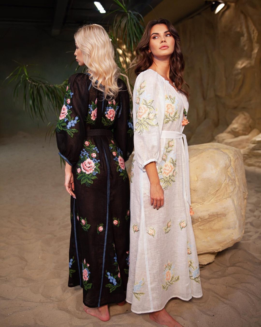 Black Ukrainian Embroidered Linen Boho Dress for Women