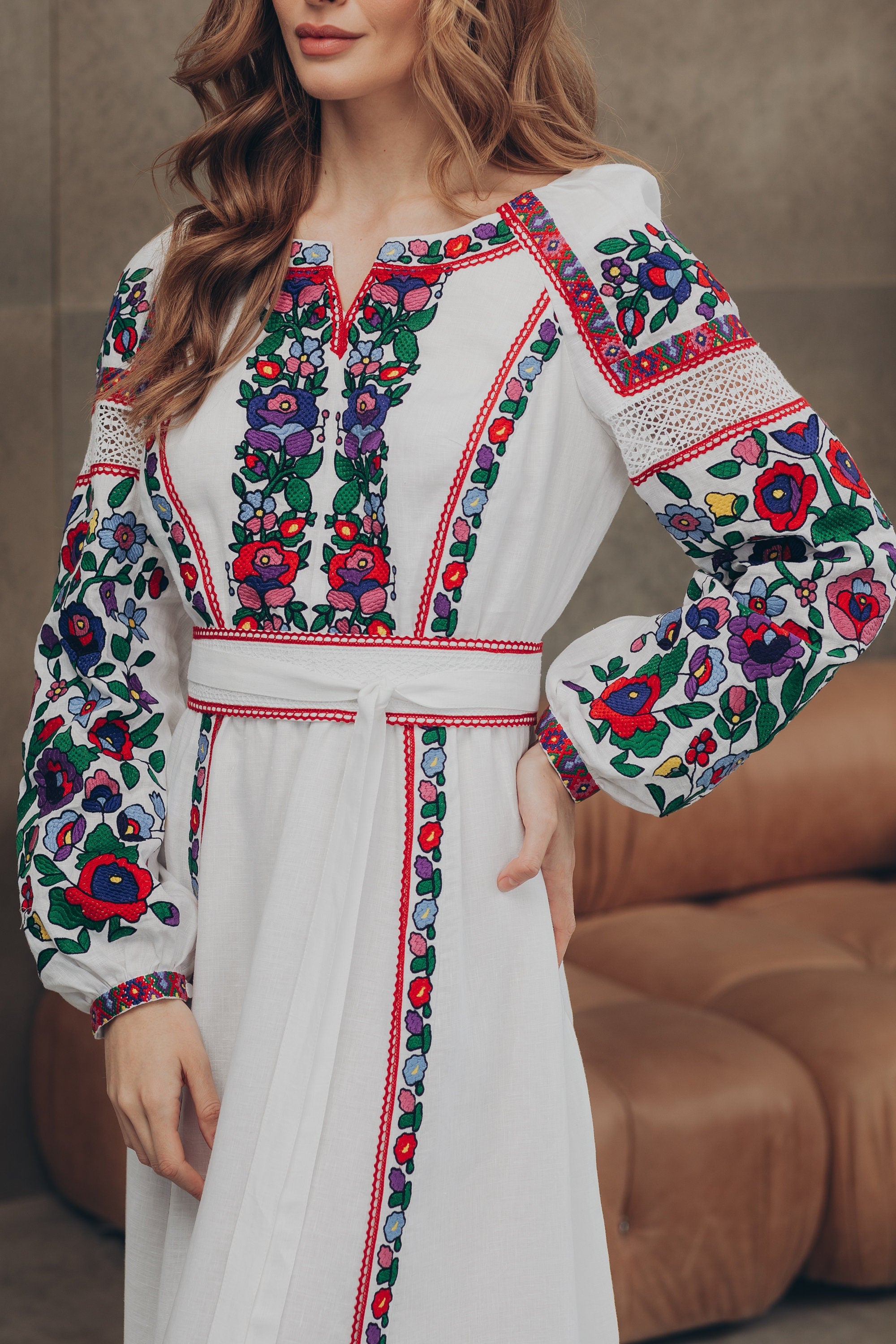 White Wedding Embroidered Linen Vyshyvanka Dress - Boho Ukrainian Folk Style