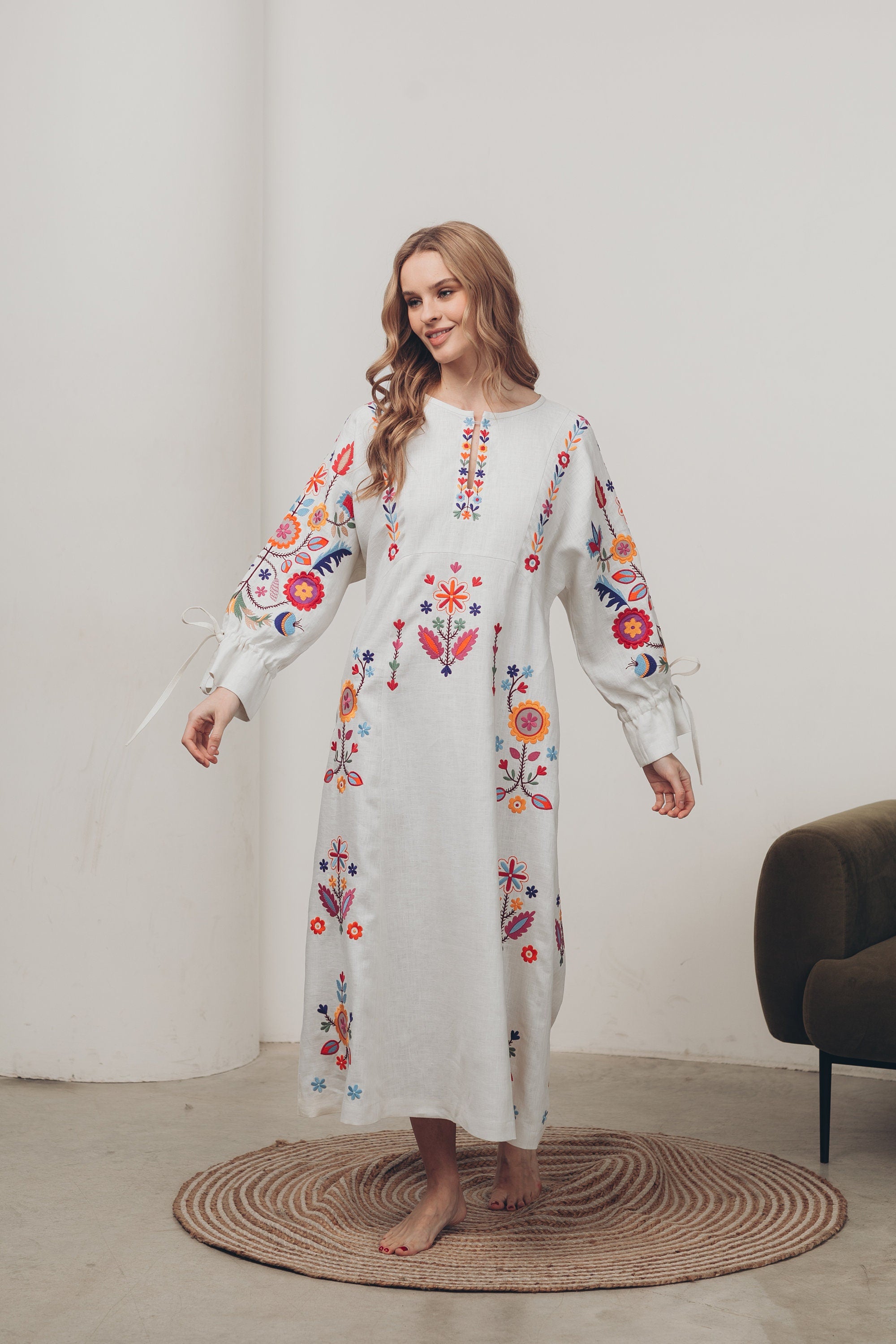 White Linen Embroidered Vyshyvanka Dress | Boho Ukrainian Folk Style