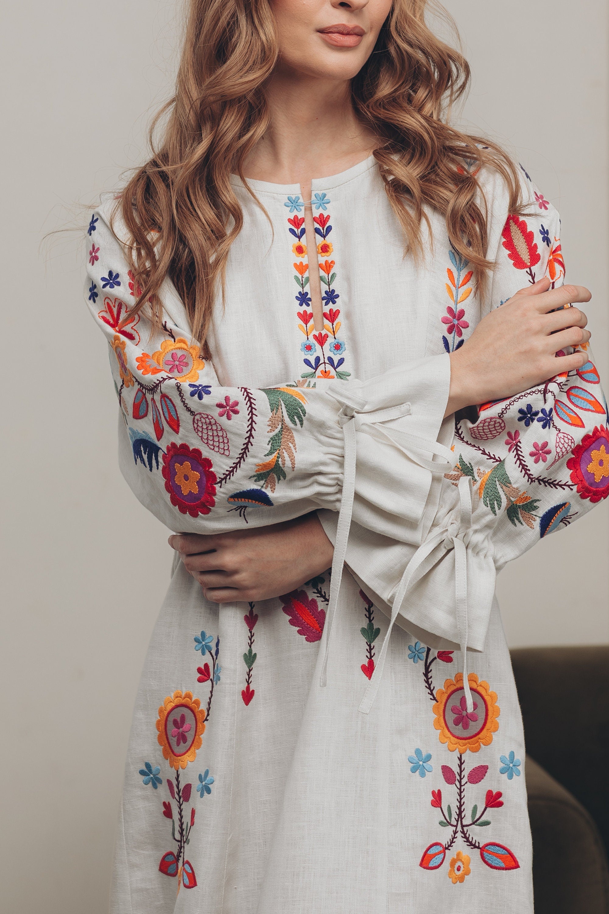 White Linen Embroidered Vyshyvanka Dress | Boho Ukrainian Folk Style