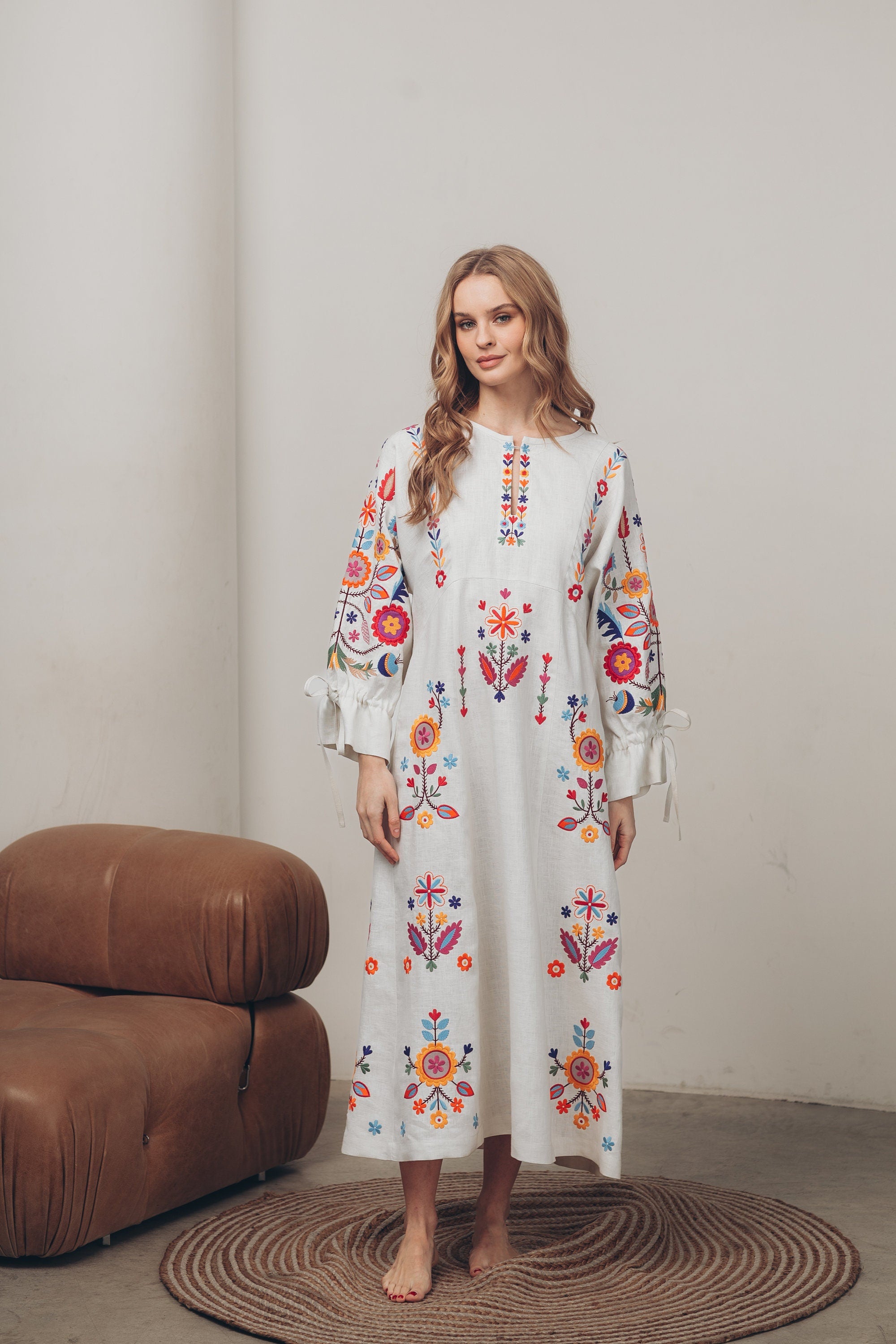 White Linen Embroidered Vyshyvanka Dress | Boho Ukrainian Folk Style