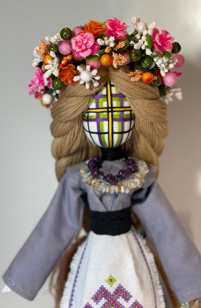 Unique Handmade Motanka Doll on Wood Stand – Bereginya with Hand Embroidery