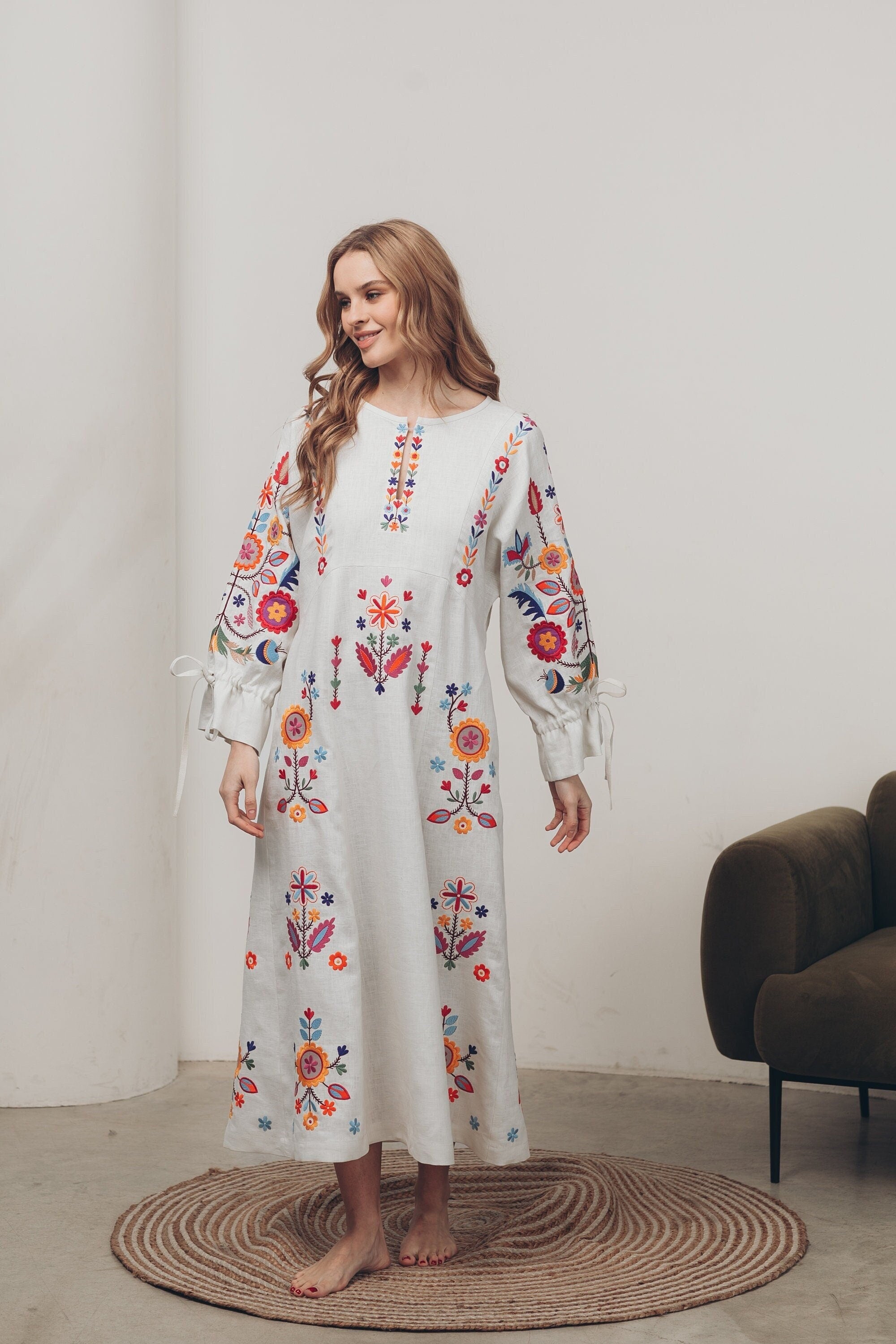 White Linen Embroidered Vyshyvanka Dress | Boho Ukrainian Folk Style