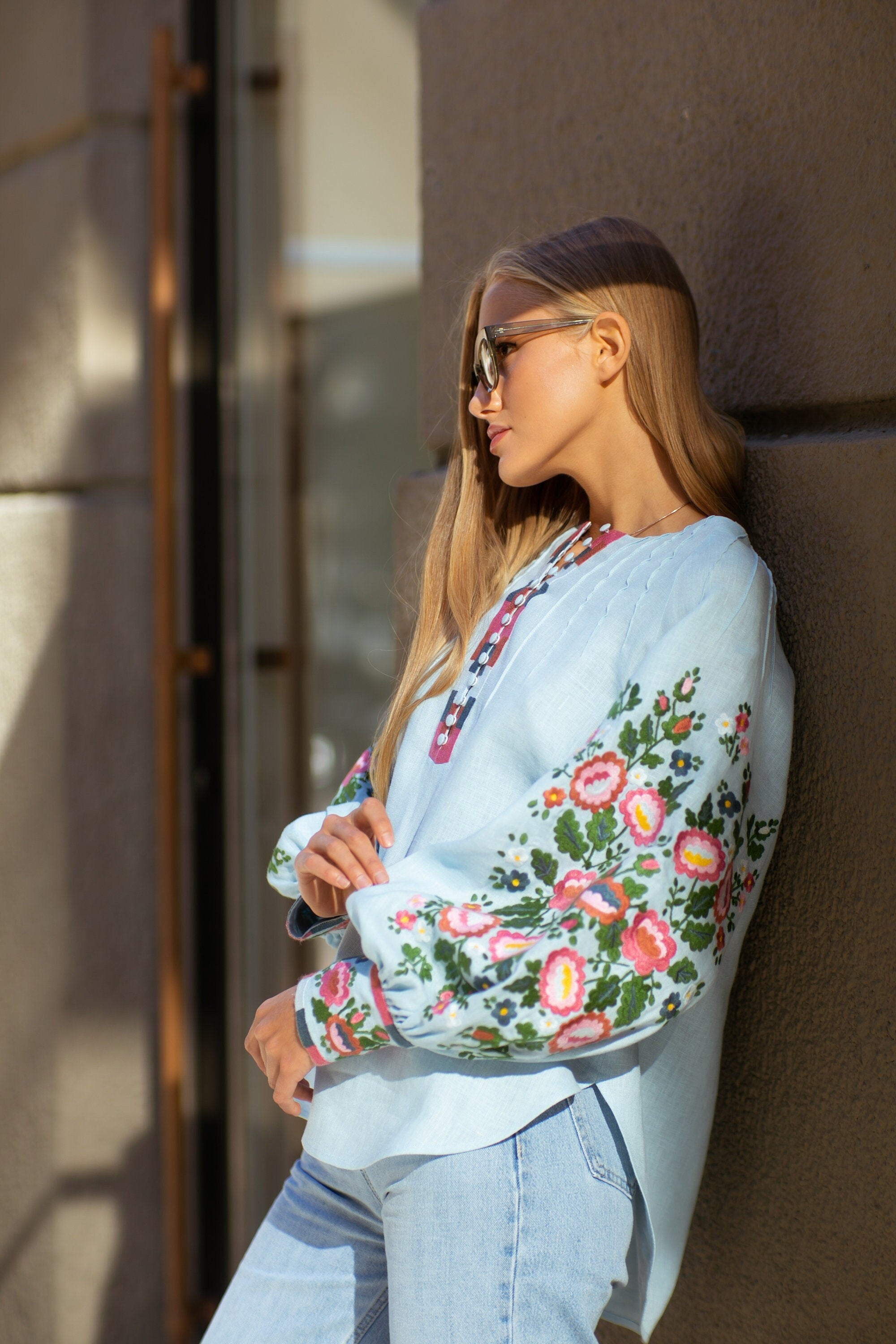 Blue Linen Vyshyvanka Blouse - Limited Collection Ukrainian Embroidered Boho Top