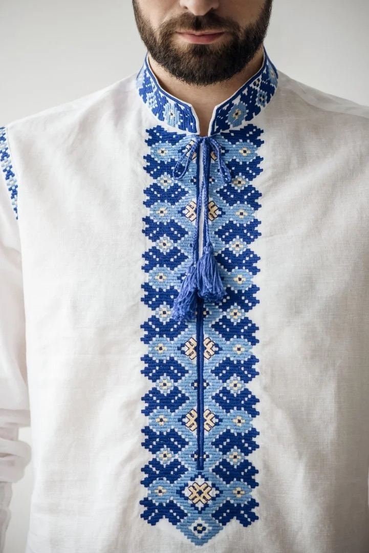 White Linen Embroidered Ukrainian Shirt for Men