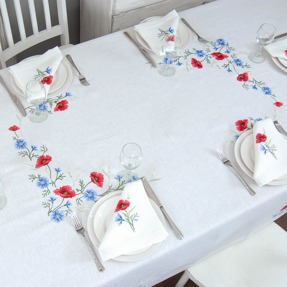Ukrainian Embroidered Tablecloth Set with 6 Poppies and Cornflowers Napkins (240x140 cm)