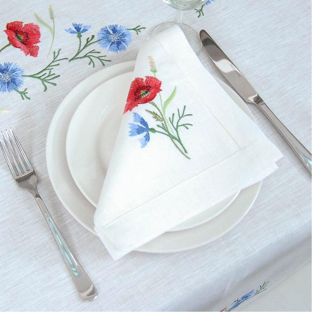 Ukrainian Embroidered Tablecloth Poppies & Cornflowers 213.36x152.4 CM