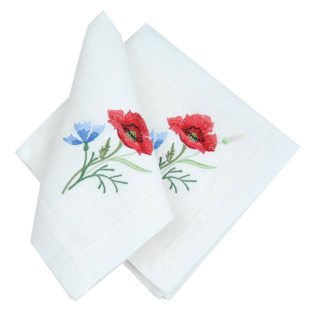 Ukrainian Embroidered Poppies and Cornflowers Tablecloth Set (240x140 cm) with 6 Napkins (40x40 cm)