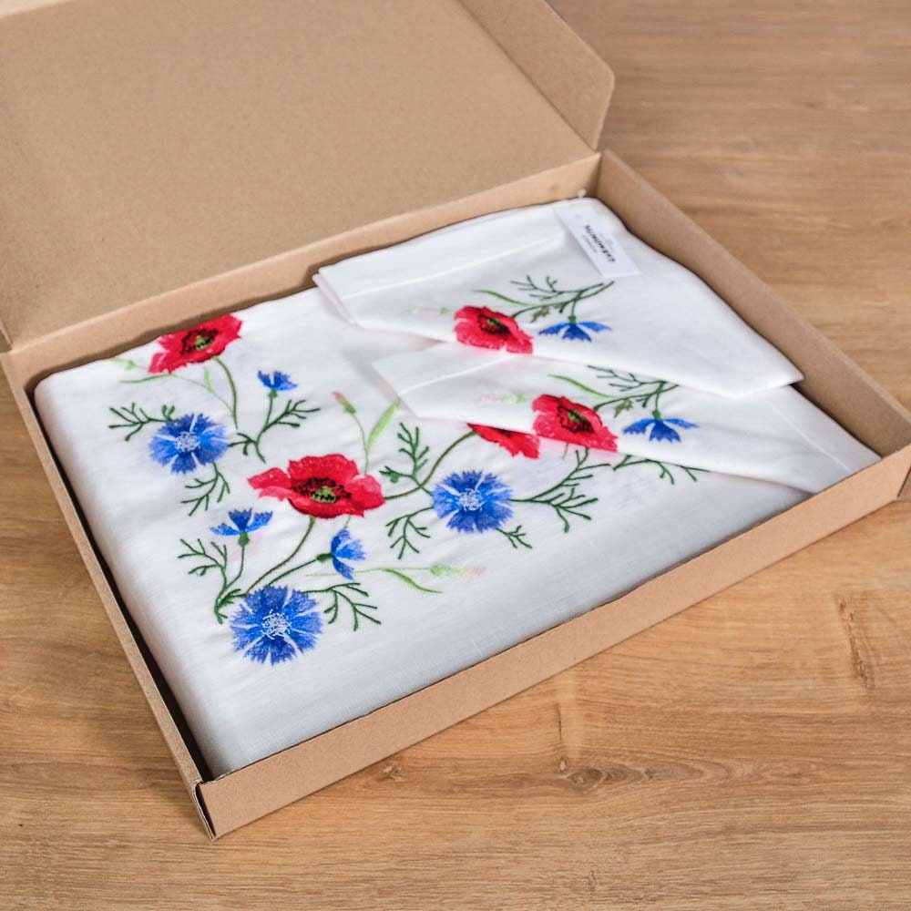 Ukrainian Embroidered Poppies and Cornflowers Tablecloth Set (240x140 cm) with 6 Napkins (40x40 cm)