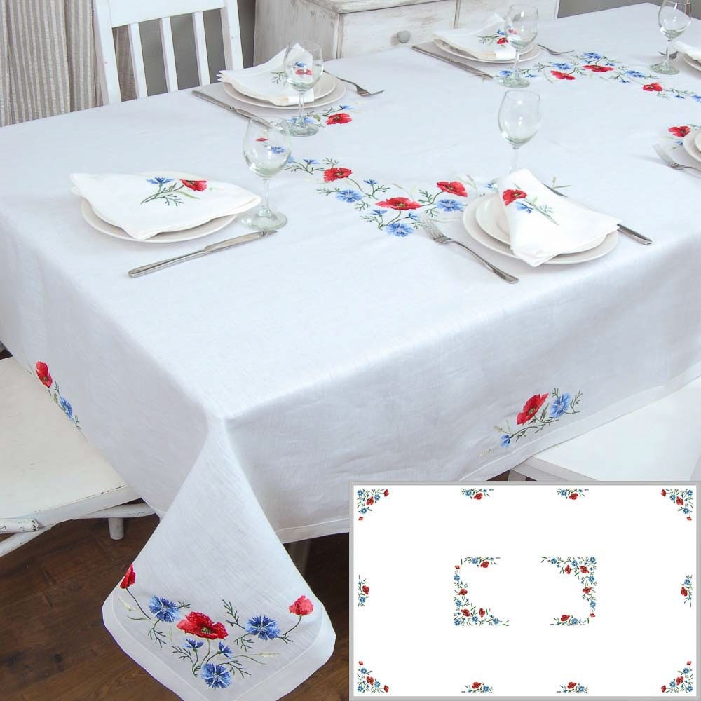 Ukrainian Embroidered Poppies and Cornflowers Tablecloth Set (240x140 cm) with 6 Napkins (40x40 cm)
