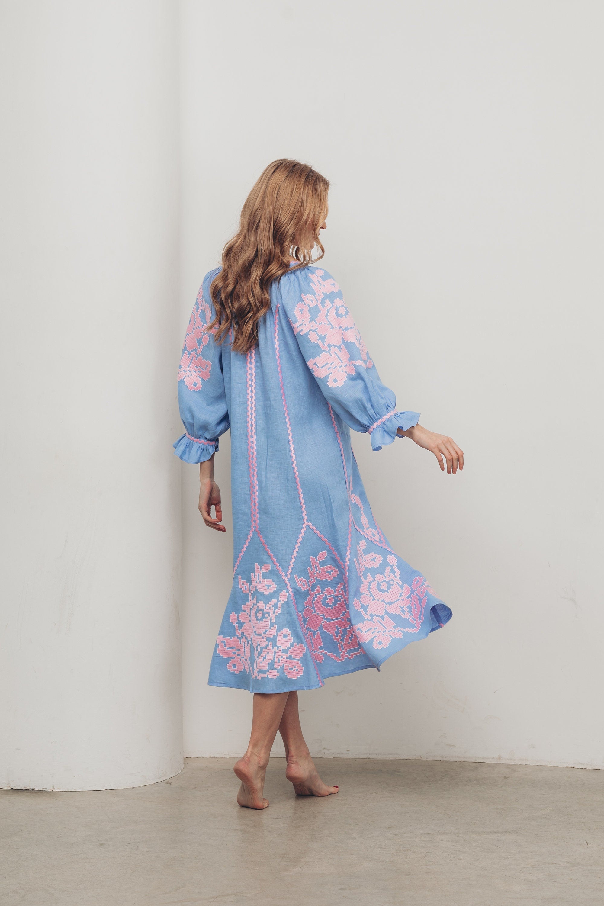 Blue Linen Wedding Dress - Ukrainian Vyshyvanka Boho Style