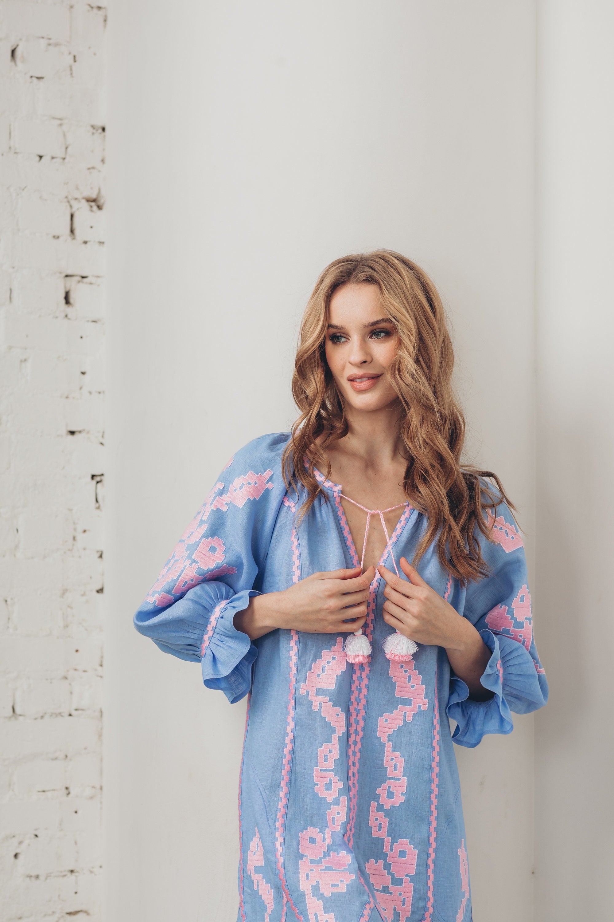 Blue Linen Wedding Dress - Ukrainian Vyshyvanka Boho Style