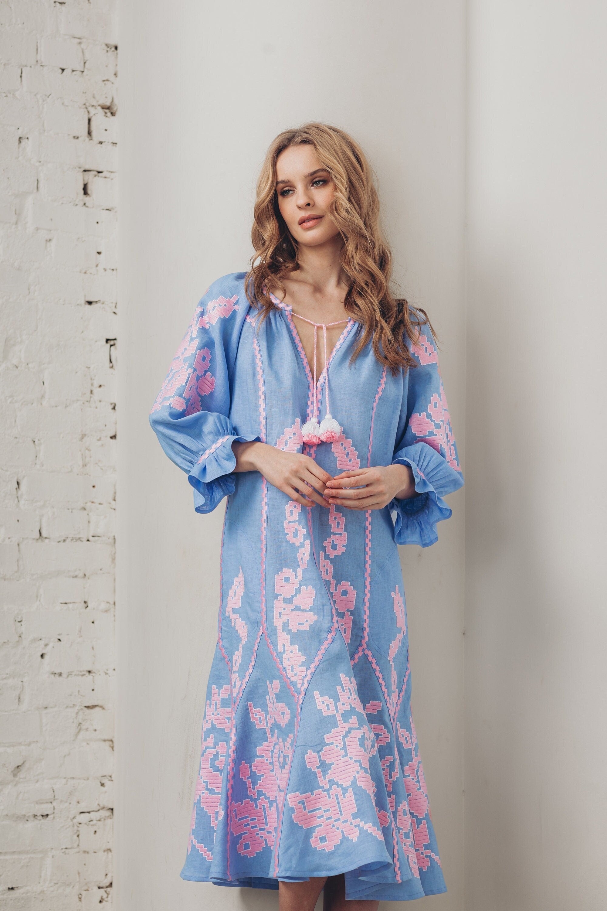 Blue Linen Wedding Dress - Ukrainian Vyshyvanka Boho Style