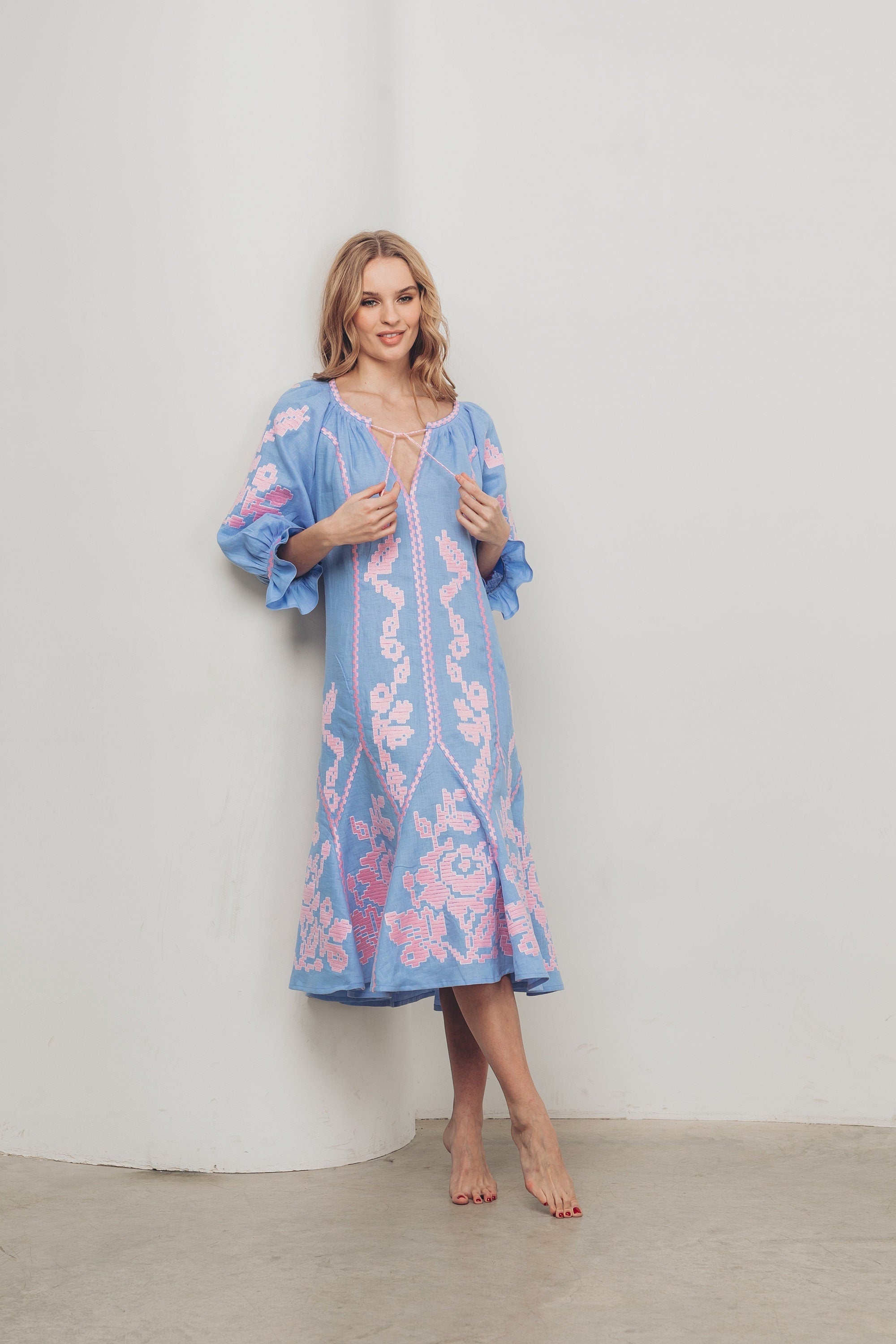 Blue Linen Wedding Dress - Ukrainian Vyshyvanka Boho Style